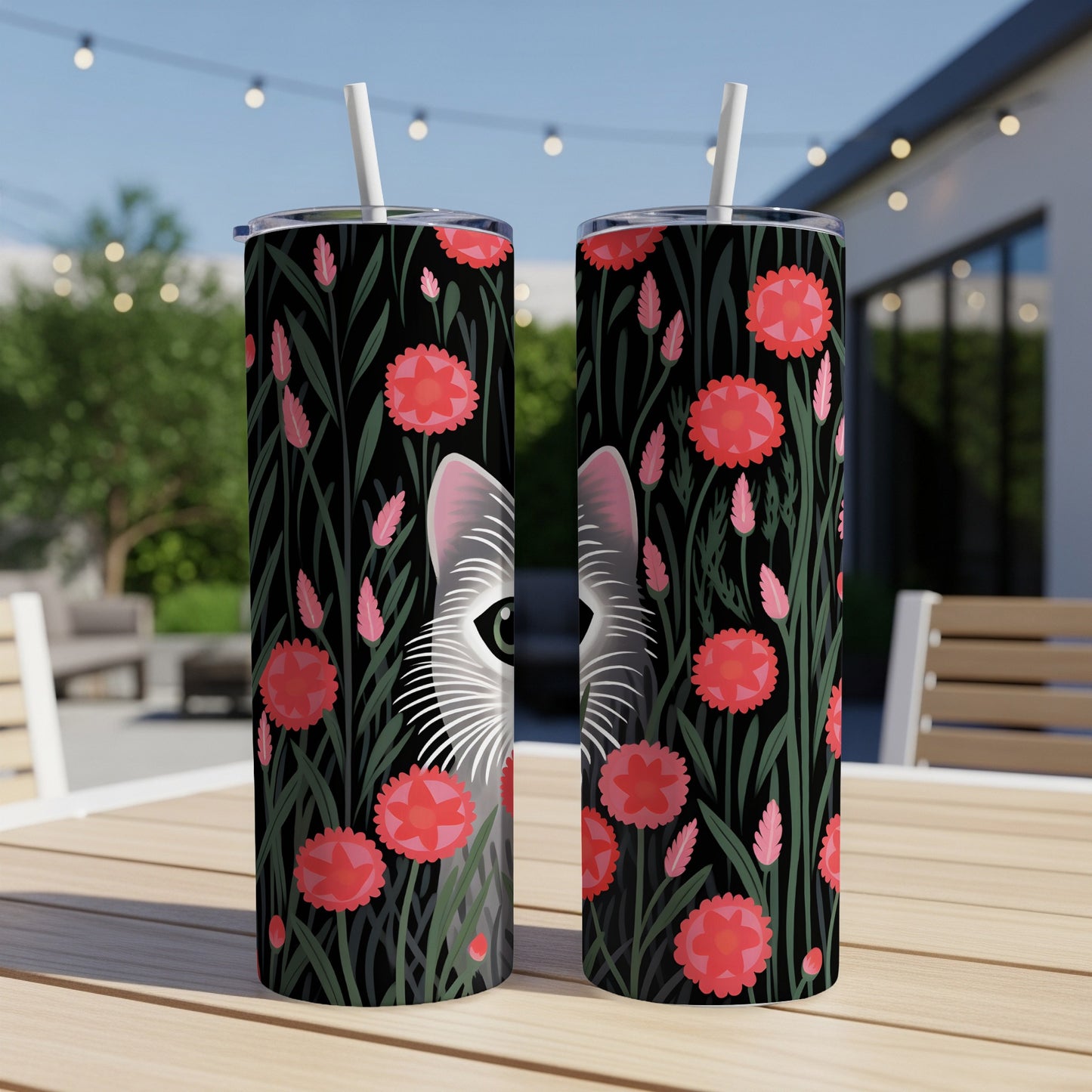 Two tumblers featuring a cat's eye peeking through red floral patterns.