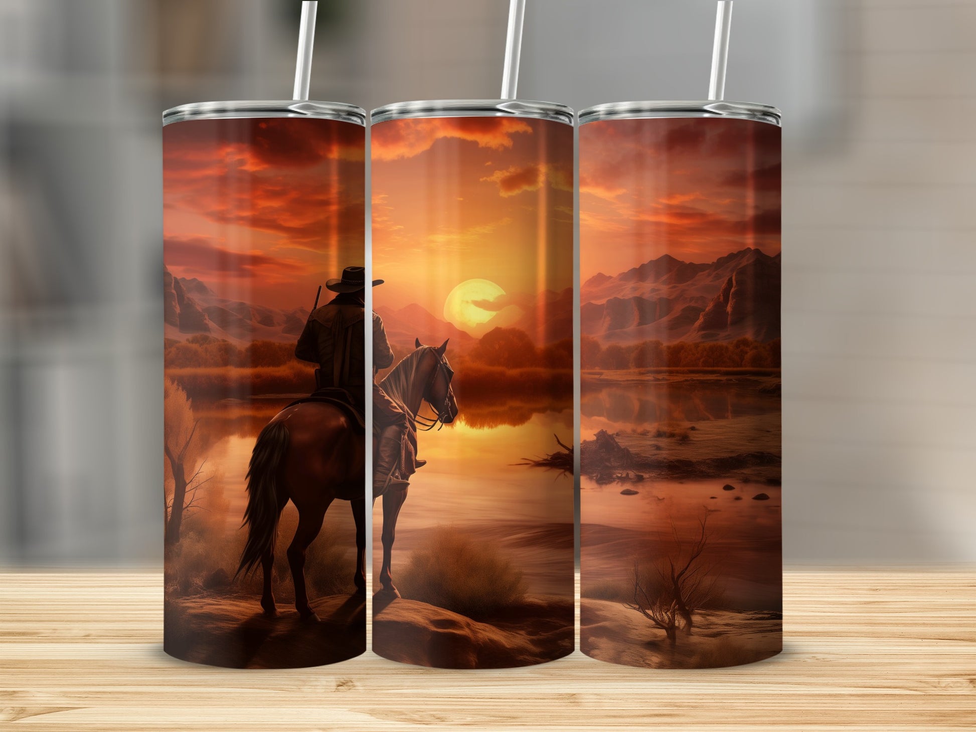 Cowboy on horseback watches a sunset over a desert lake.