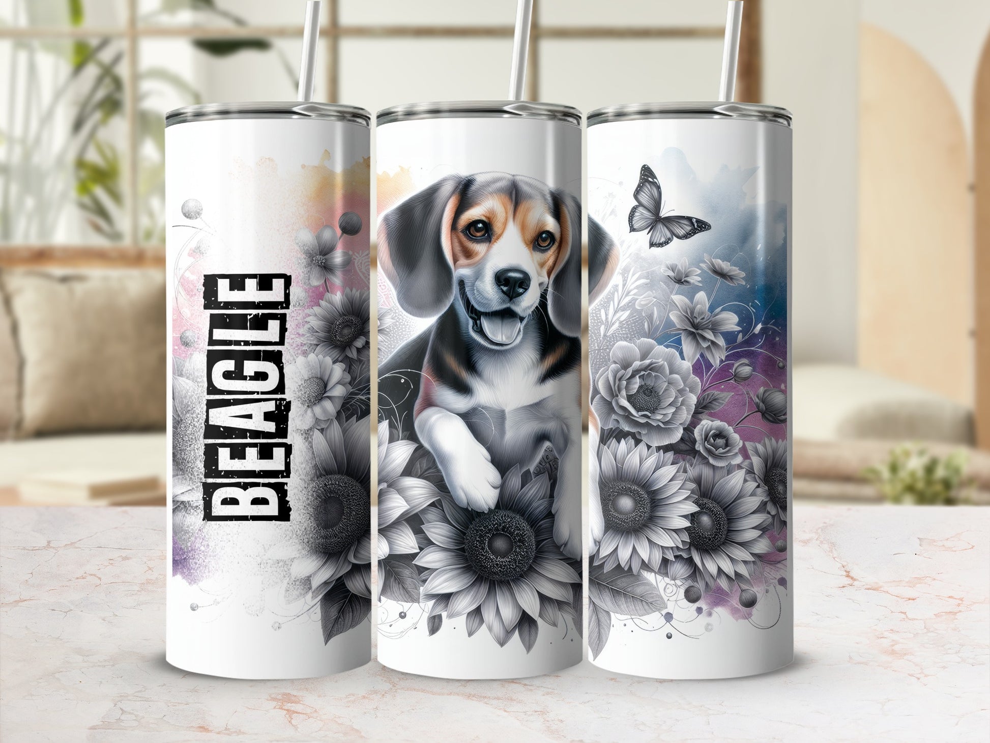 Beagle dog portrait on floral tumbler with butterfly.