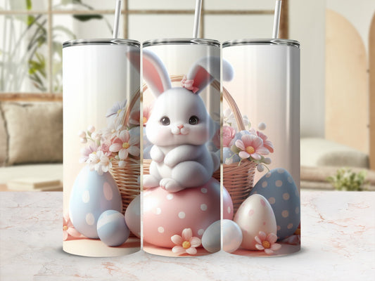 Easter bunny with colorful eggs in a basket, on a pastel background.