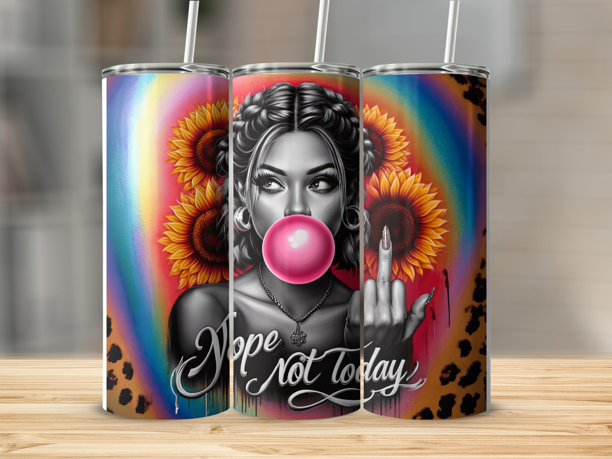 Woman blowing bubble gum with sunflowers and leopard print, "Nope Not Today" text.