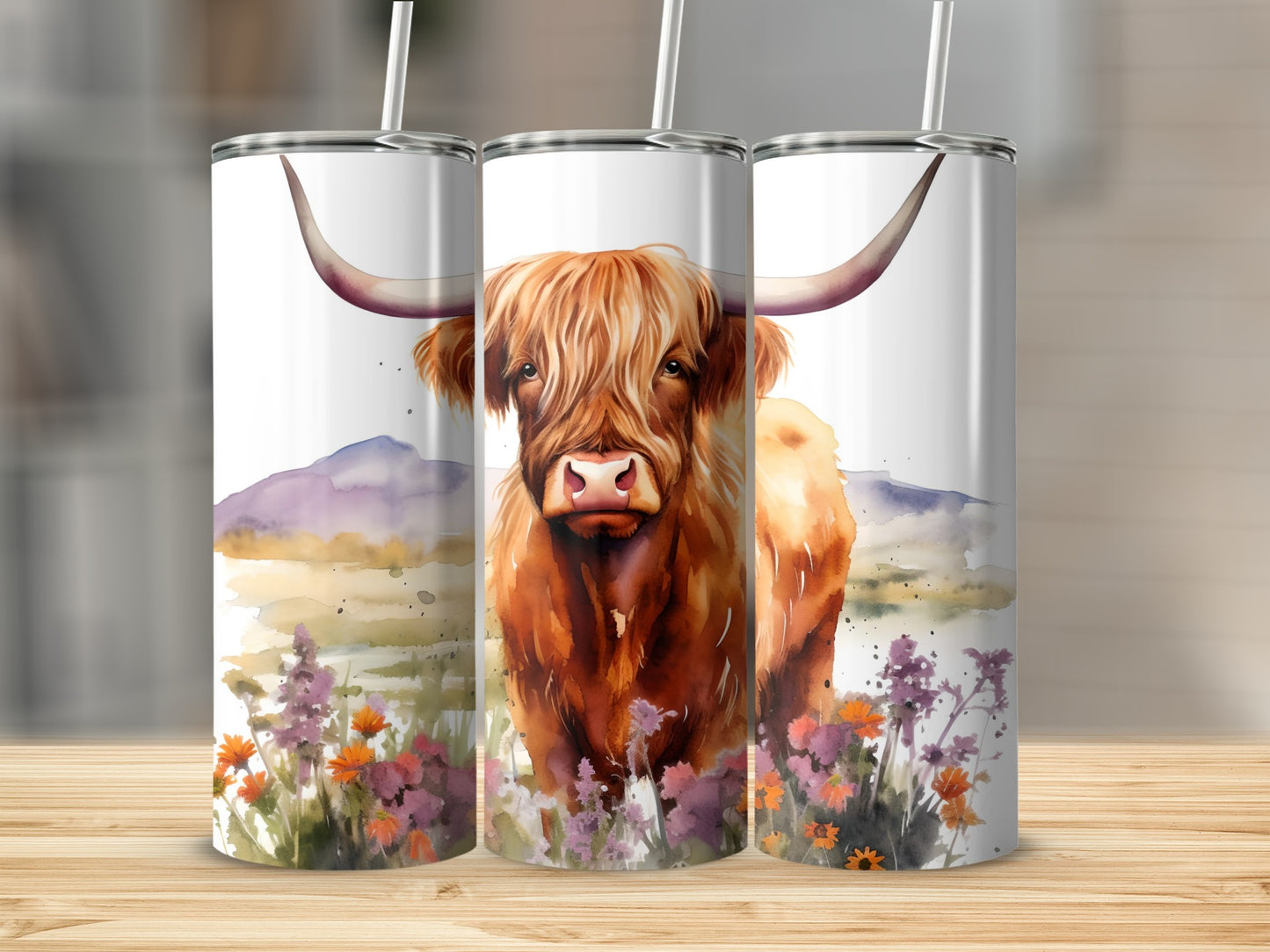 Highland Cow Landscape Art Floral Design Tumbler