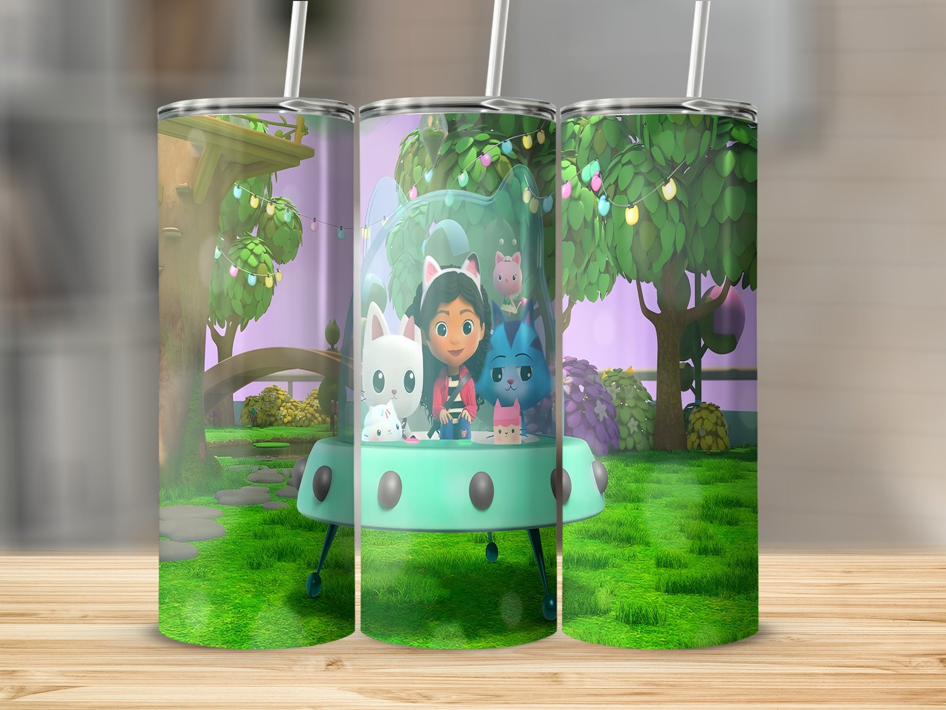 Cartoon cats in a flying saucer in a magical forest setting.