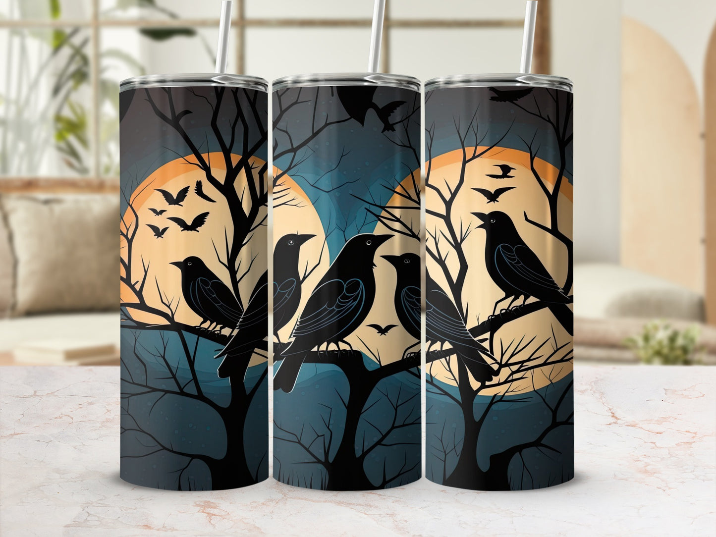 Full Moon Raven and Tree Design Travel Tumbler Cup