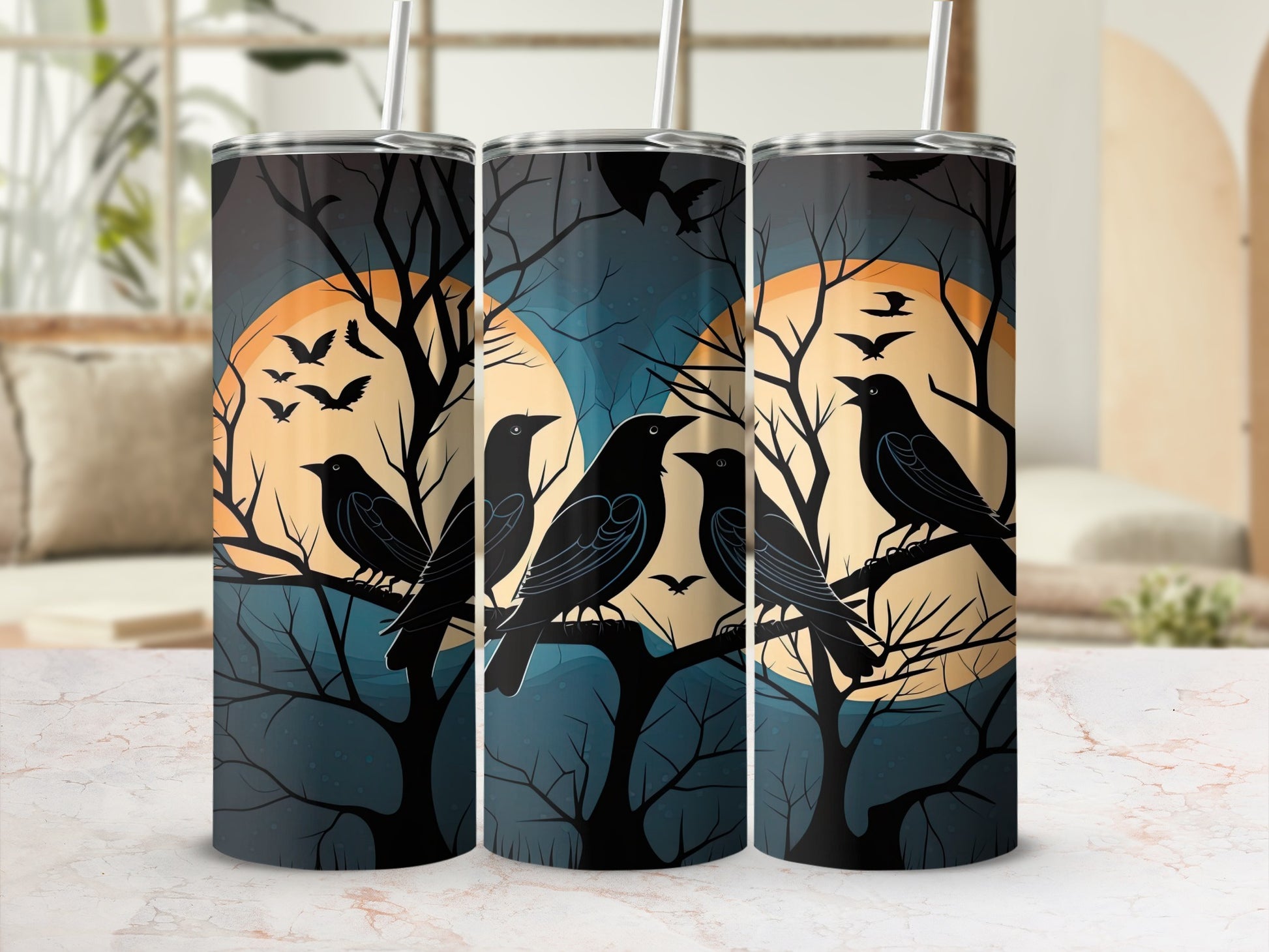 Full Moon Raven and Tree Design Travel Tumbler Cup