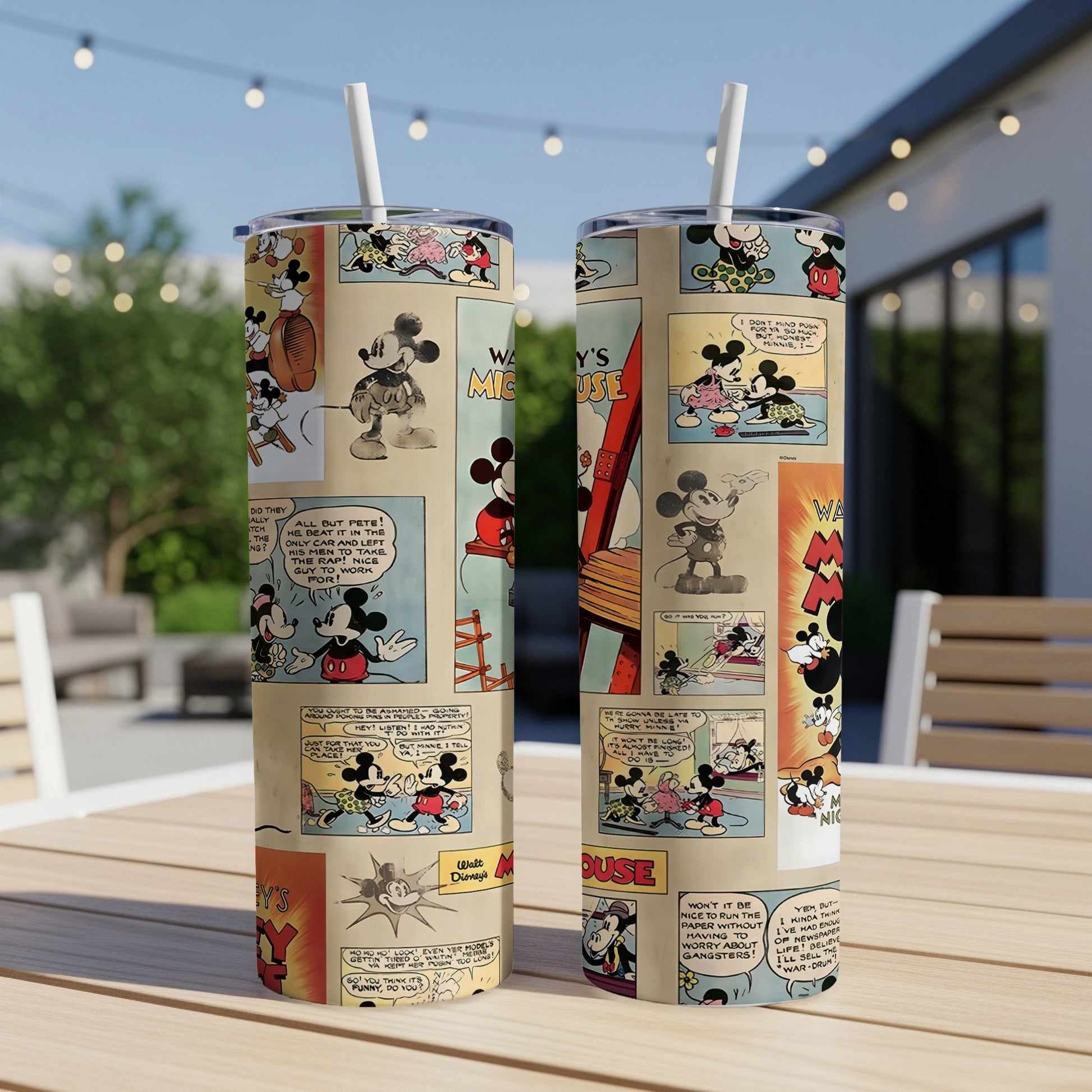 Mickey Mouse comic panels adorn this double-walled tumbler with straw.