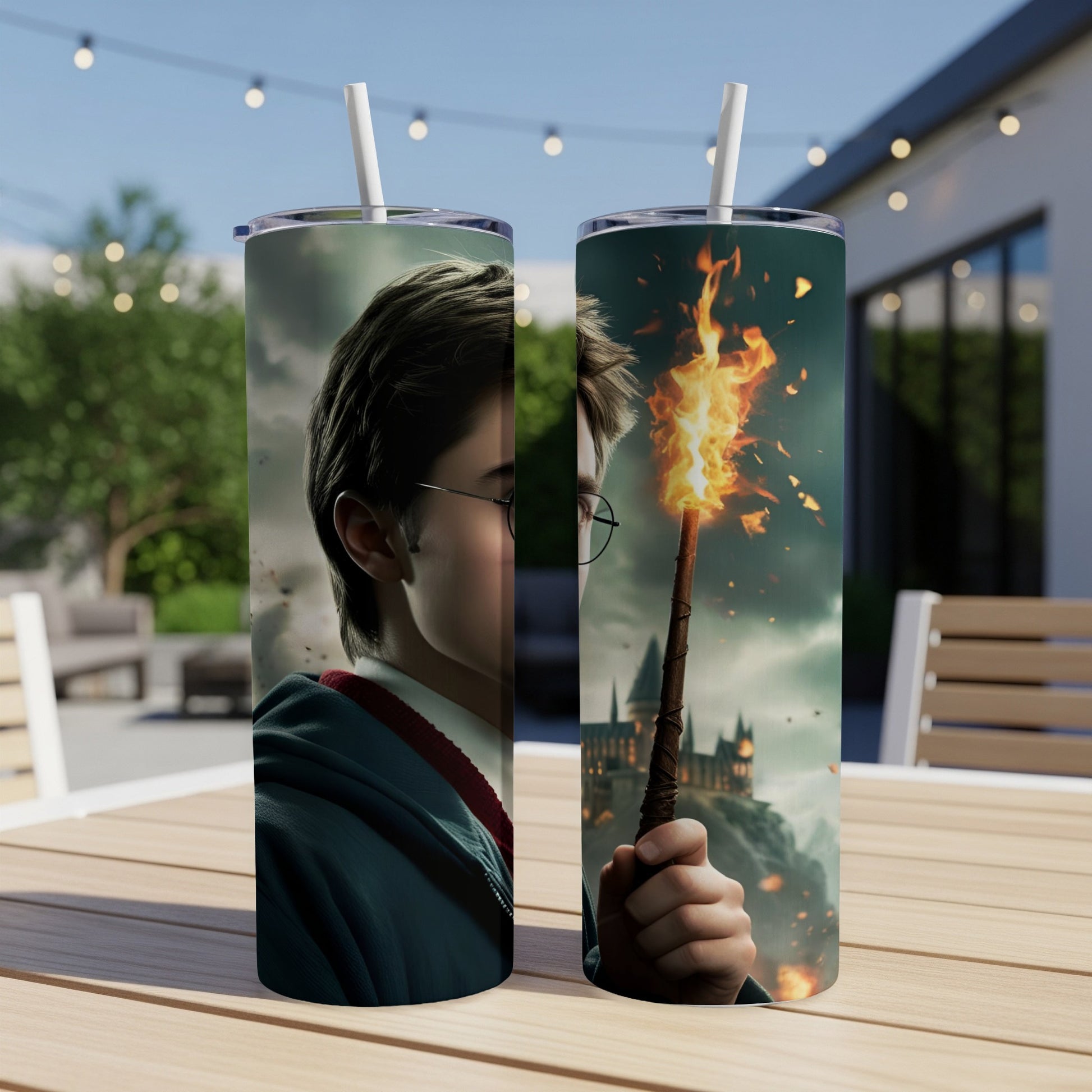 Harry Potter tumbler with Hogwarts in the background.