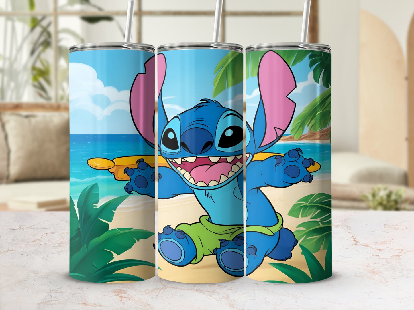 Cartoon Stitch character on a beach surfboard, blue Hawaiian shirt and shorts.