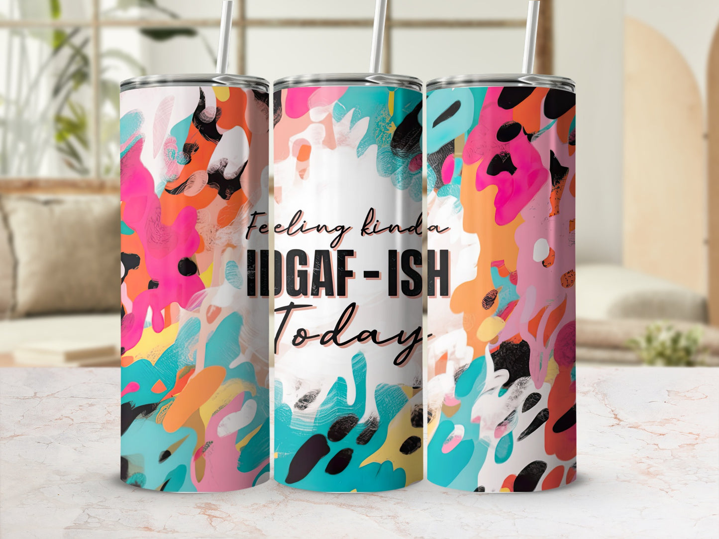 Abstract colorful design tumbler with "Feeling kinda HUG-ISH Today" text.
