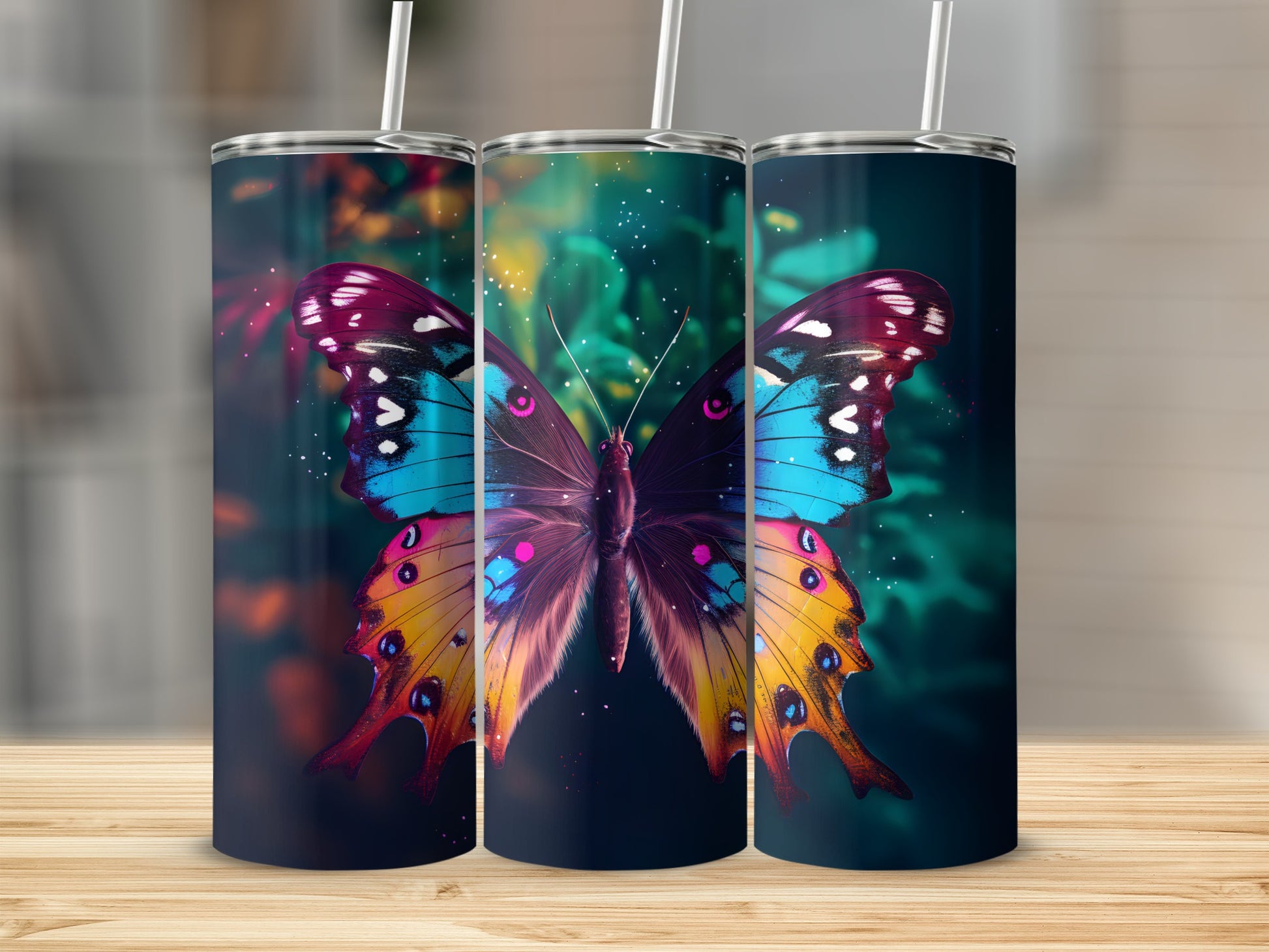 Three tumblers with a colorful butterfly design.