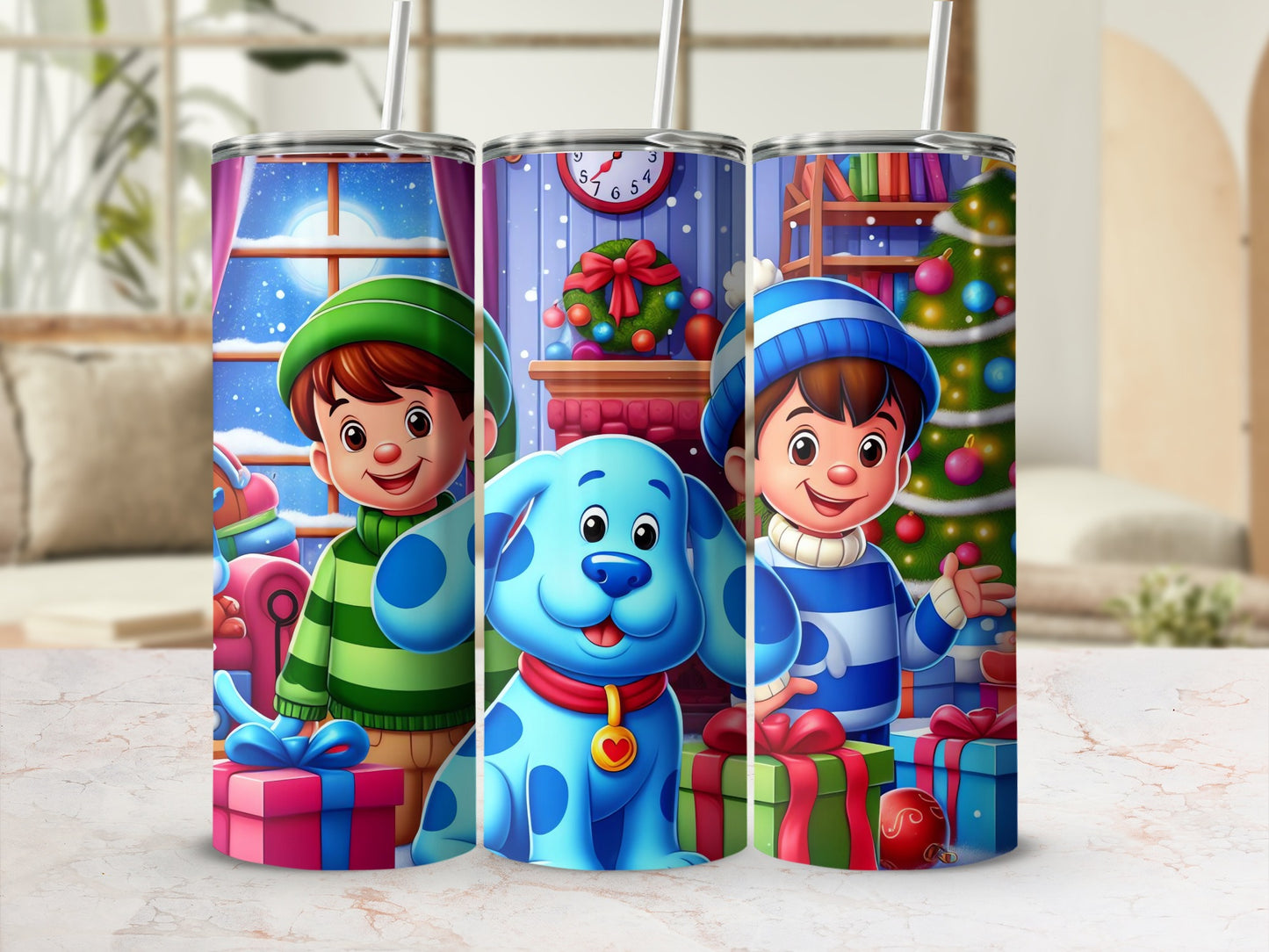 Festive Blue Dog and Kids Holiday Tumbler With Straw