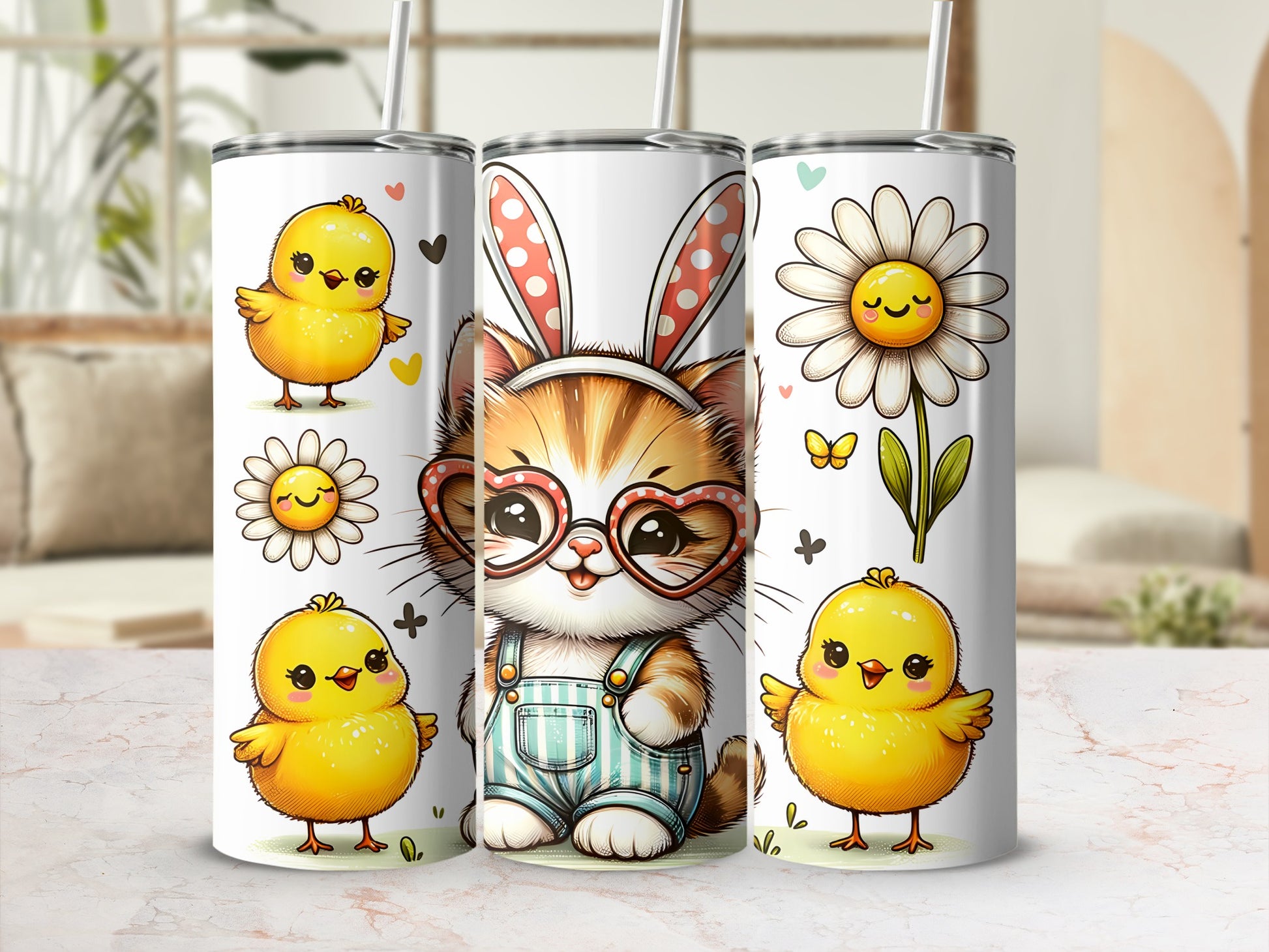 Kitten in overalls with bunny ears between two chicks and daisies.
