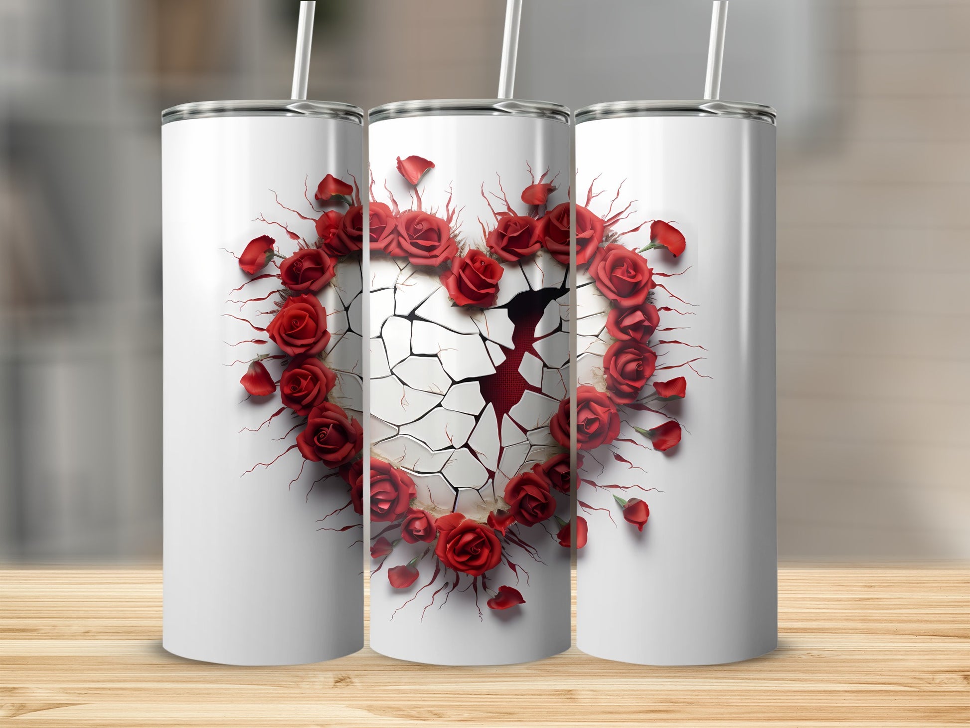 Cracked Heart With Red Roses Design Tumbler Product