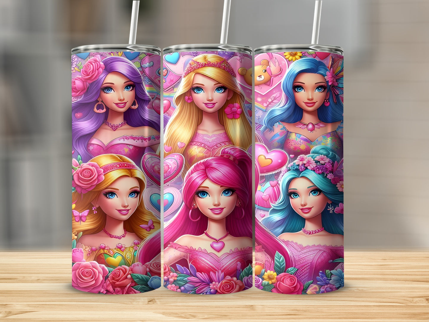 Four cartoon girls with pink, purple, and blue hair and floral accents.
