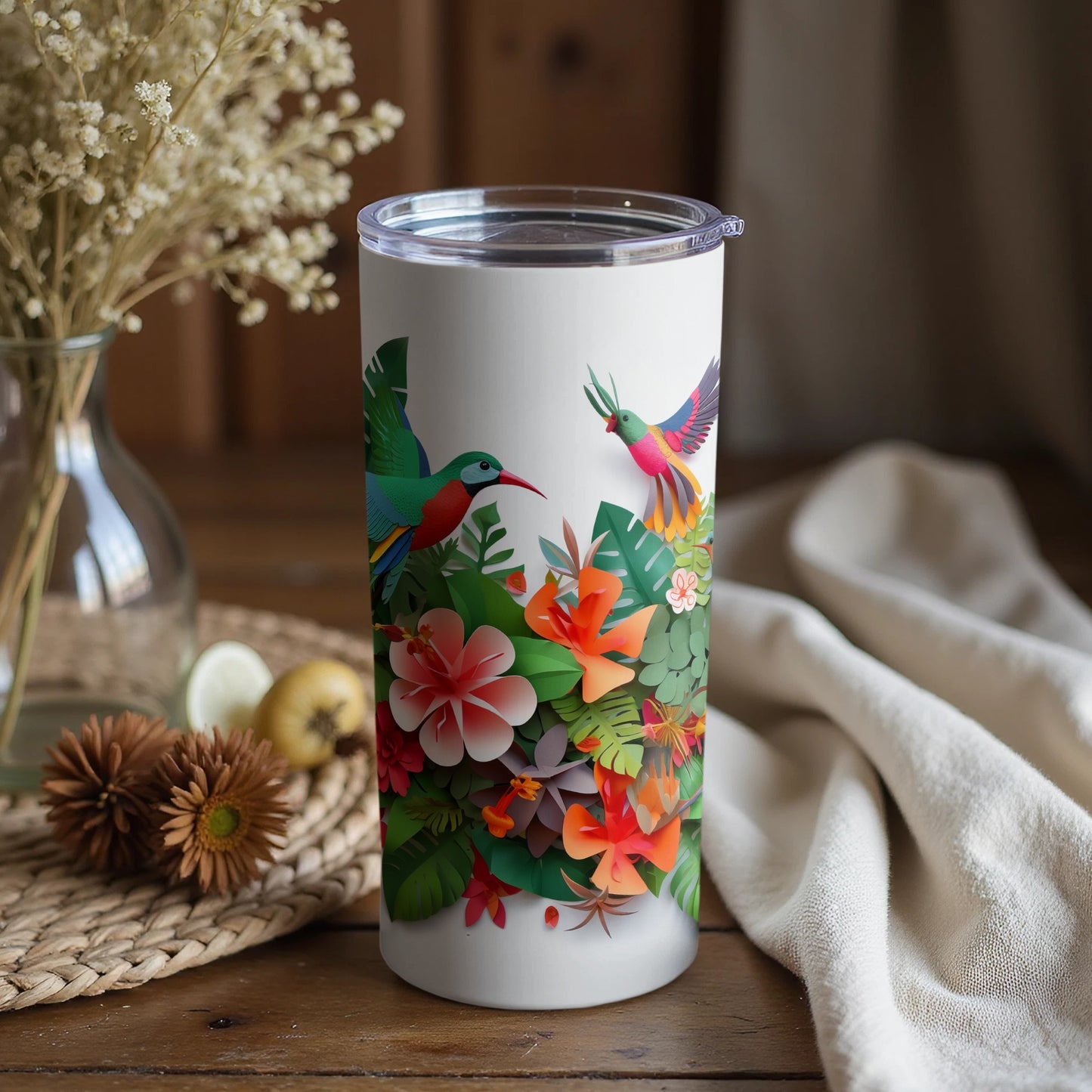 Vibrant Hummingbird Floral Insulated Travel Mug