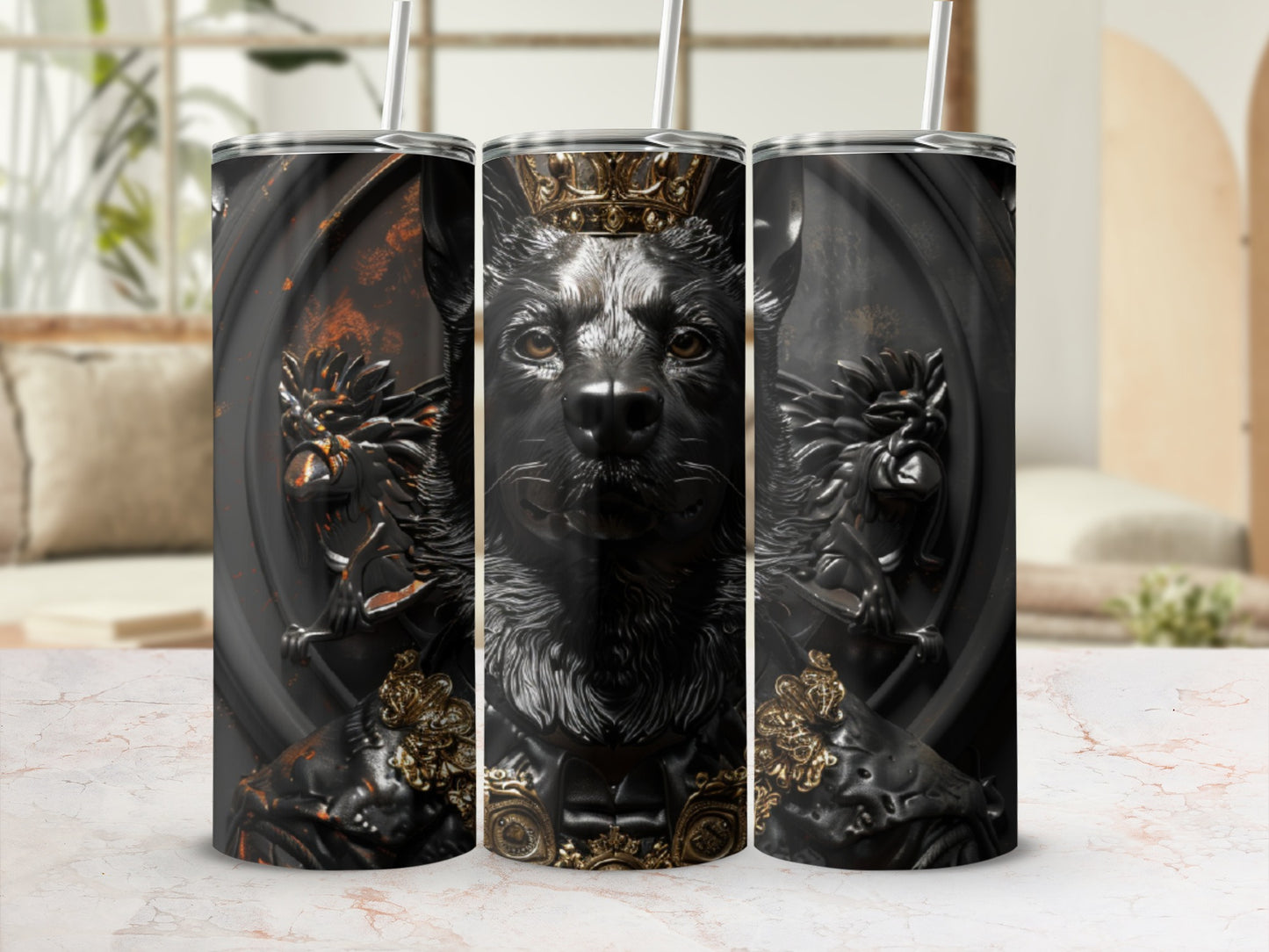 Wolf with crown and ornate details on a black textured background.