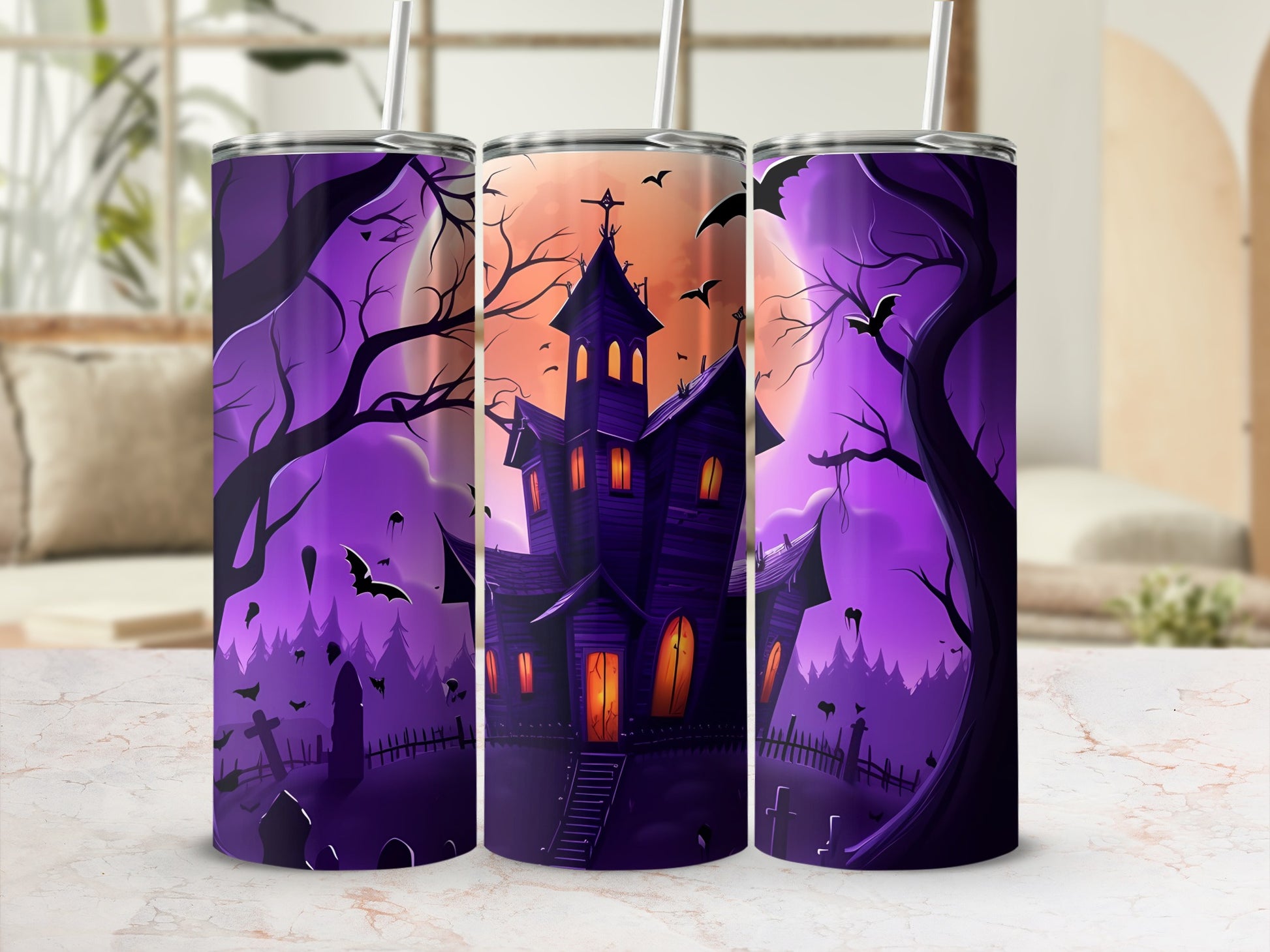 Spooky Haunted House Halloween Tumbler with Bats