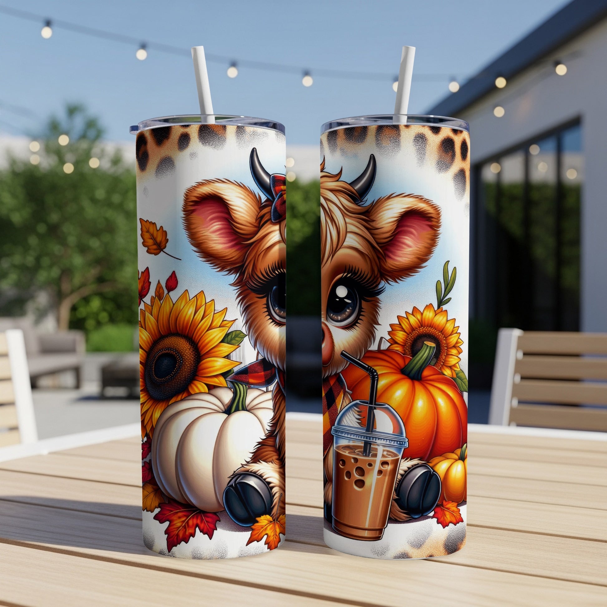 Two tumblers with a cartoon cow, pumpkins, and sunflowers on a patio table.