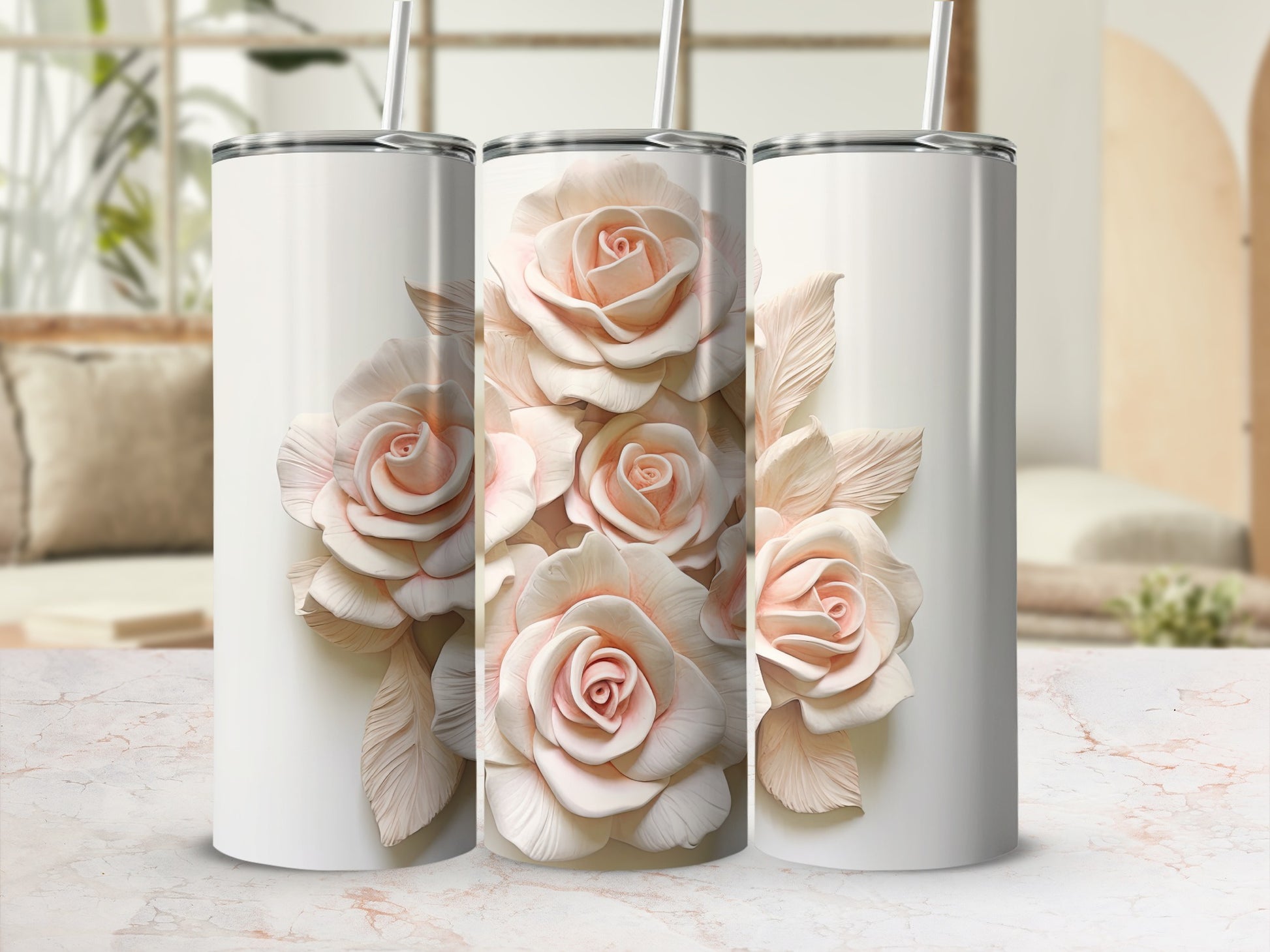 Three white tumblers decorated with pale pink rose and leaf designs.