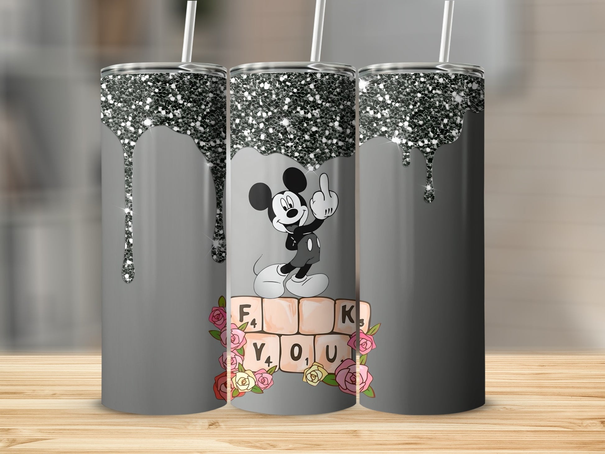 Glitter Drip Middle Finger Tumbler with Flowers