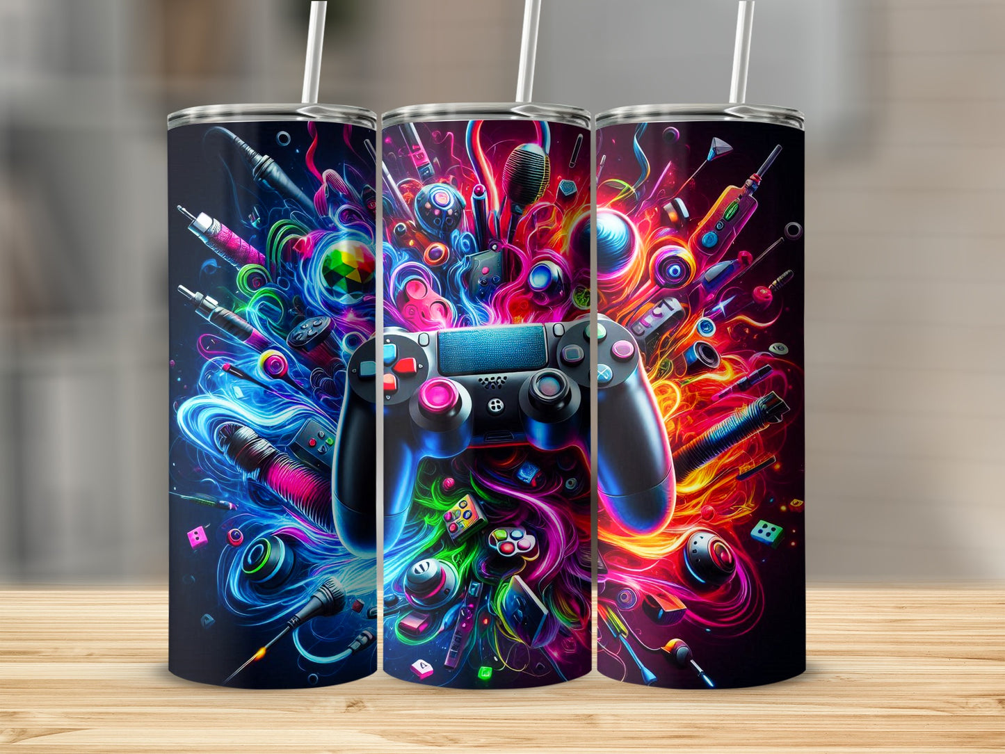 Video game controller surrounded by colorful abstract gaming elements and accessories.