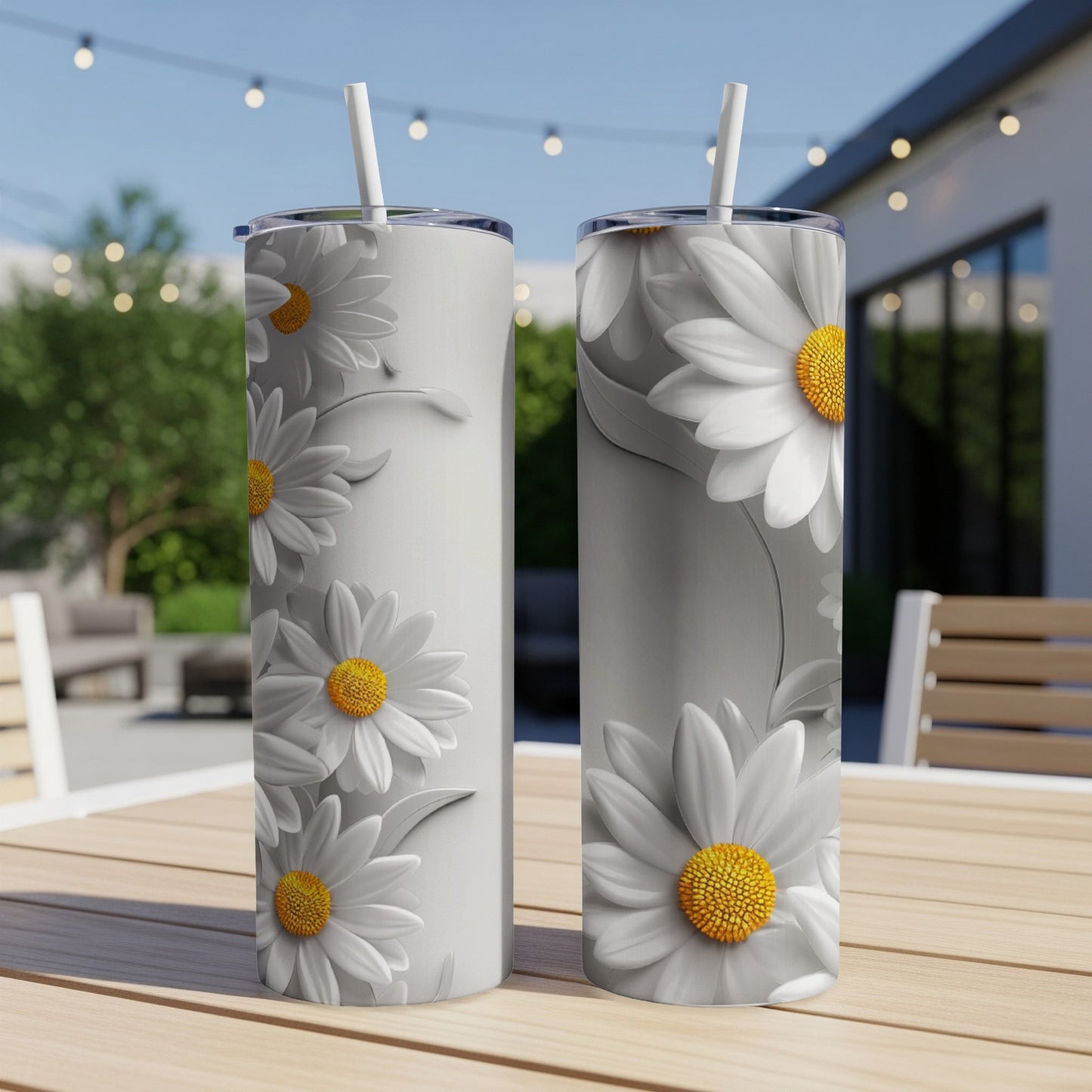 Two white daisy tumblers with yellow centers stand on a wooden table.