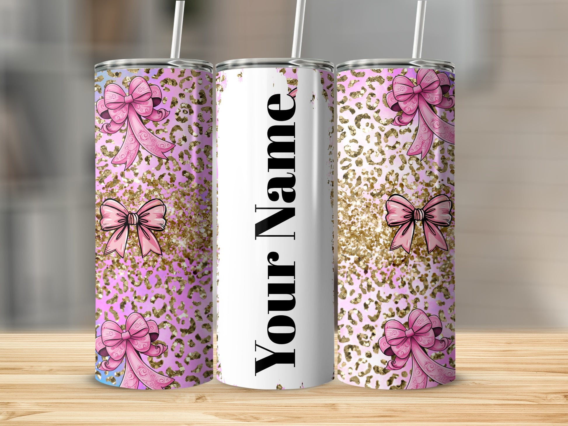 Personalized Pink Bow Design Glitter Leopard Print Tumbler
