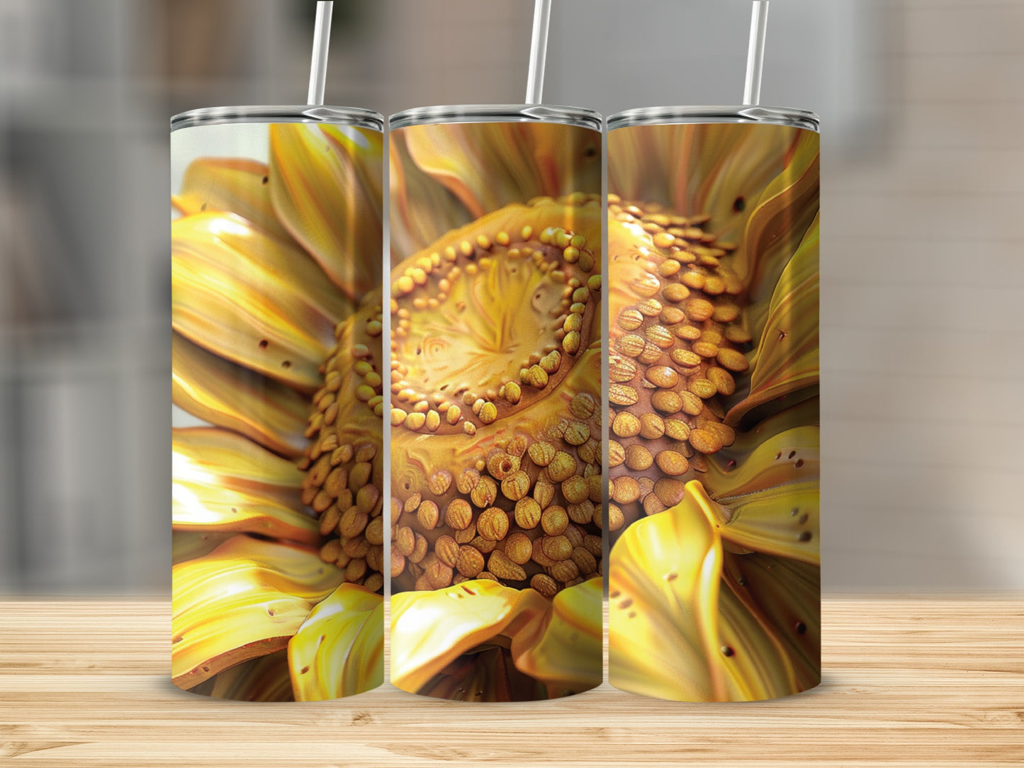 Close-up of a realistic sunflower pattern on three tumblers.