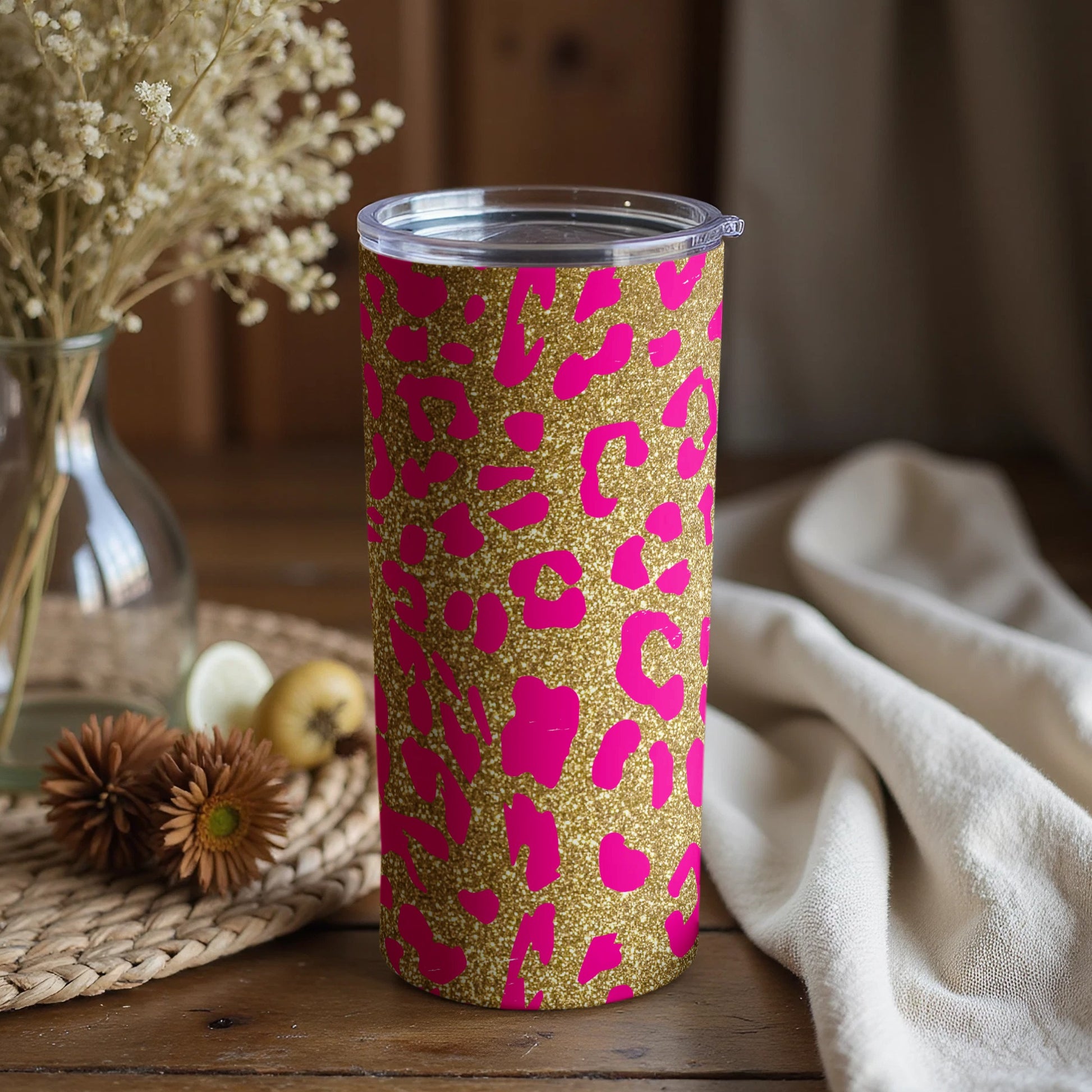Glitter Gold and Pink Leopard Print Tumbler