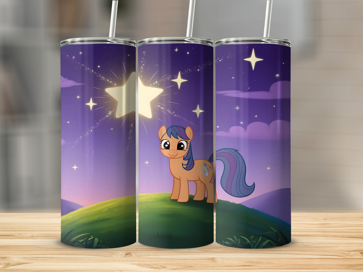 Cartoon horse with starry sky background on a tumbler.
