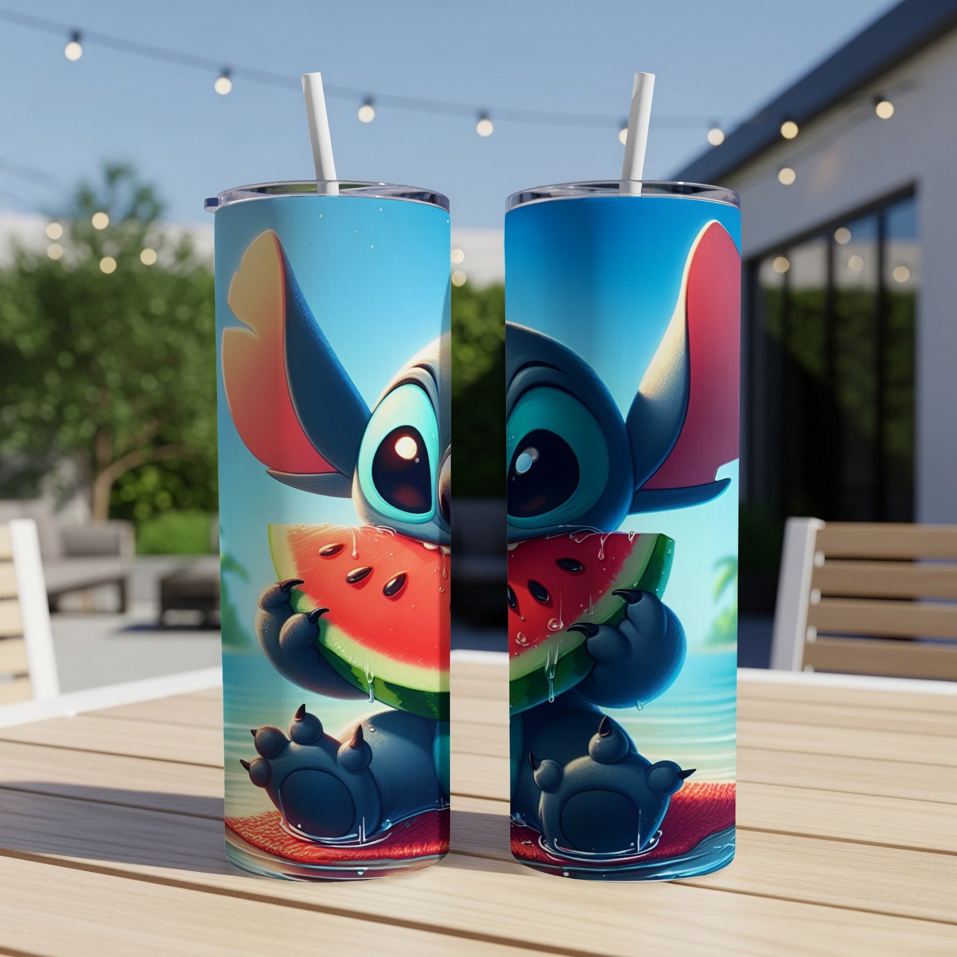 Two Stitch tumblers, each featuring Stitch eating watermelon.