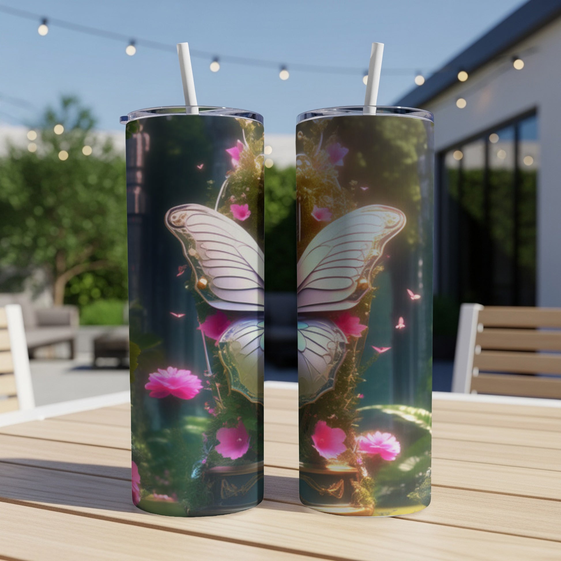 Two tumblers with butterfly wings and pink flowers on a wooden table.