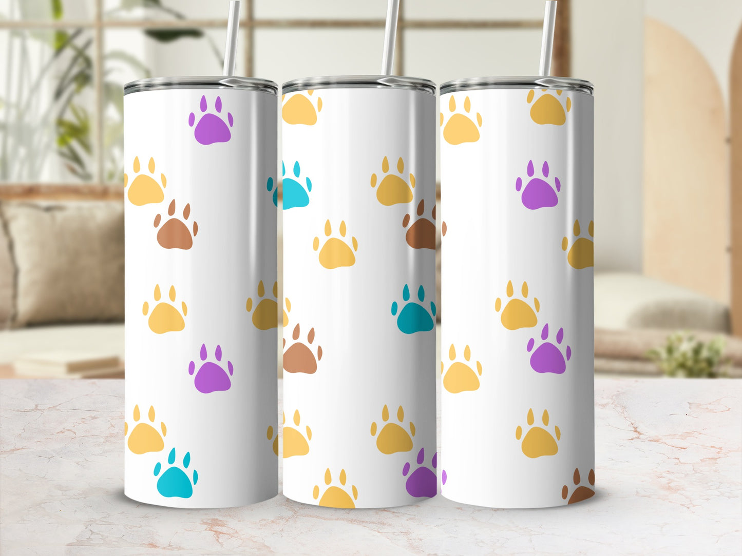 Colorful Paw Print Design on White Tumbler Product