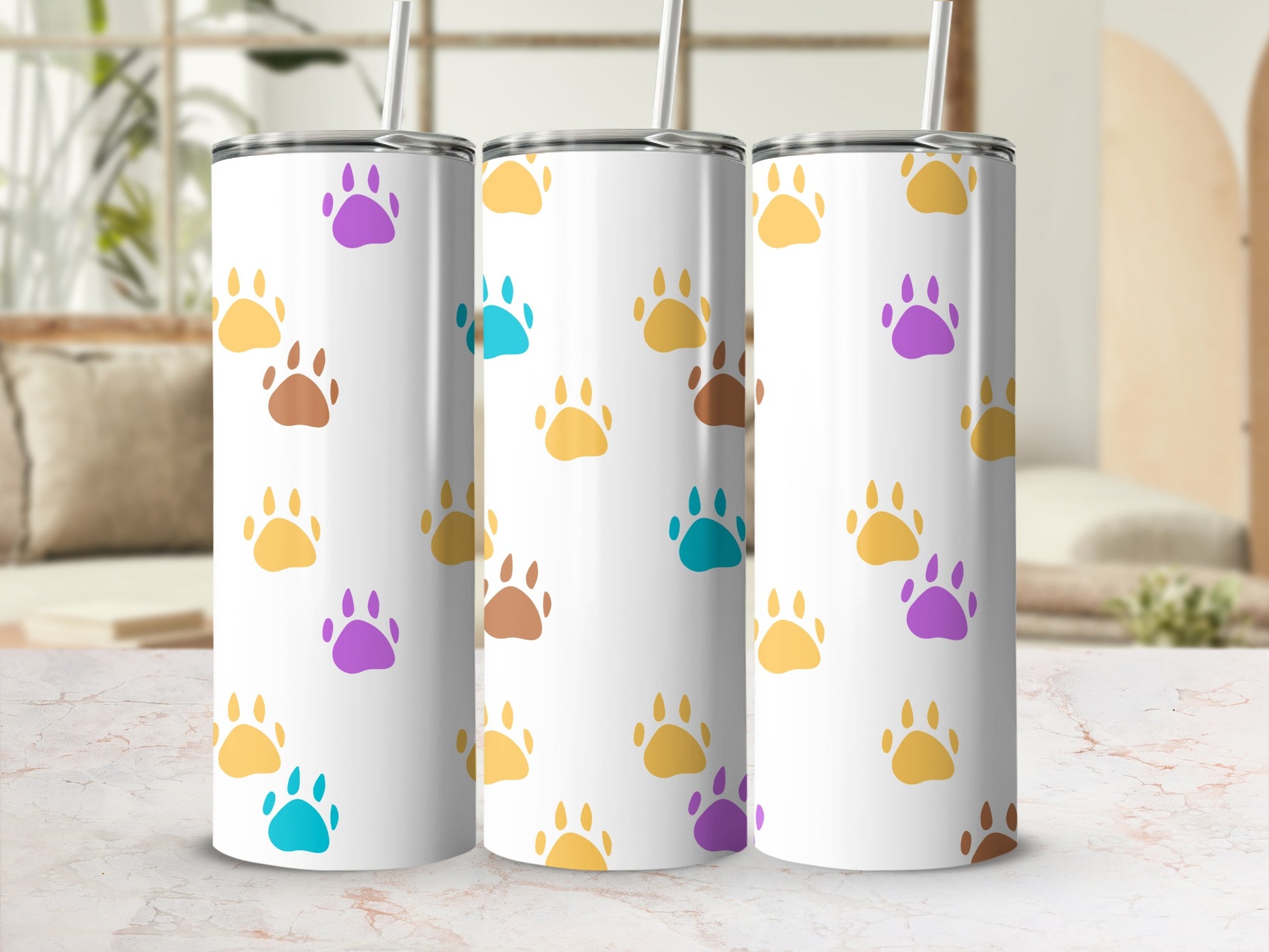 Colorful Paw Print Design on White Tumbler Product