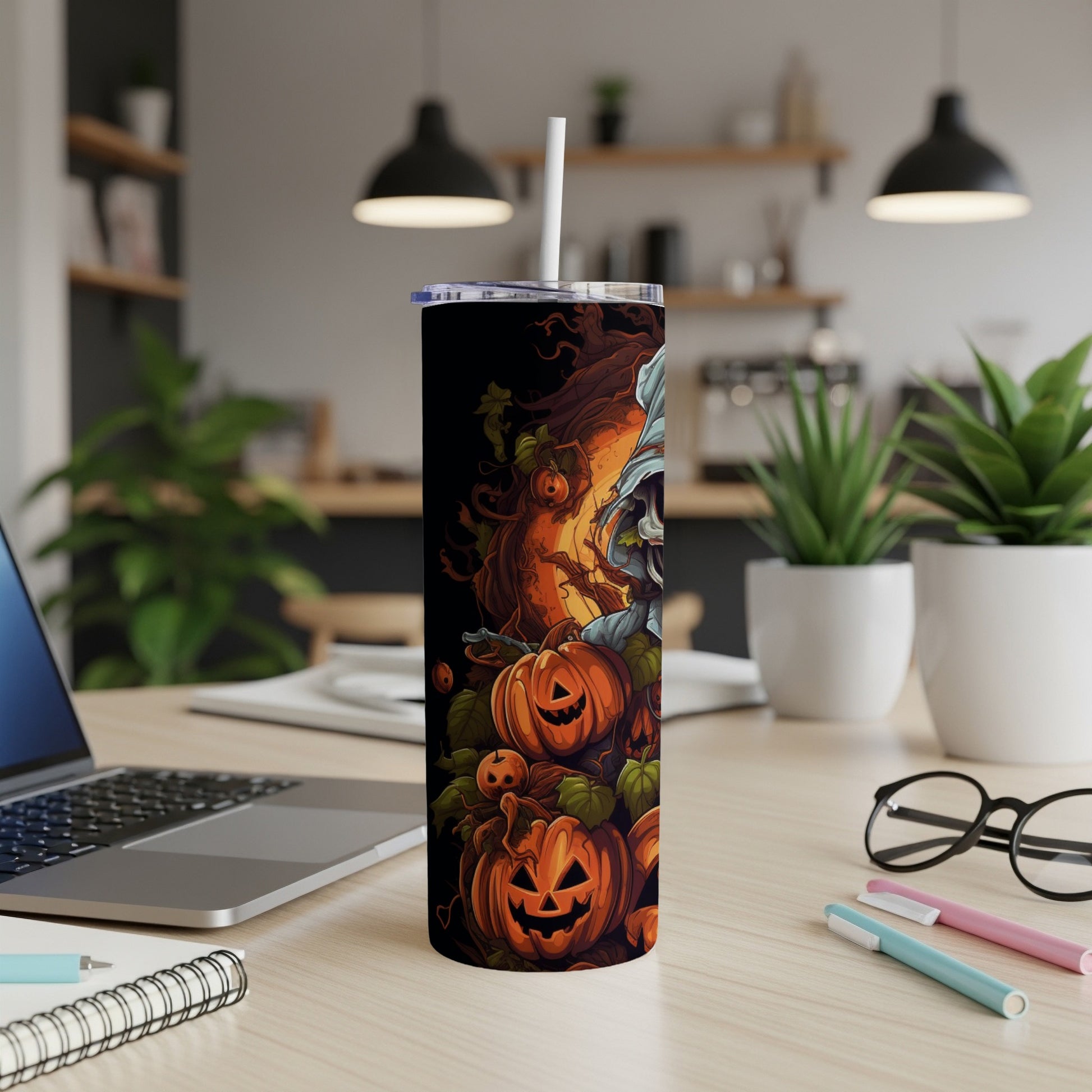Tall tumbler with Halloween pumpkins, a scarecrow, and autumn foliage design.