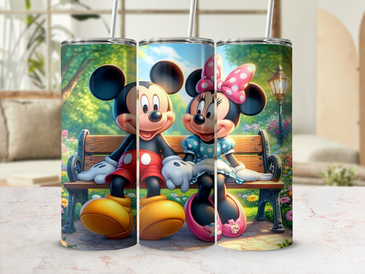 Cute Minnie and Mickey Mouse Sitting on Park Bench tumbler