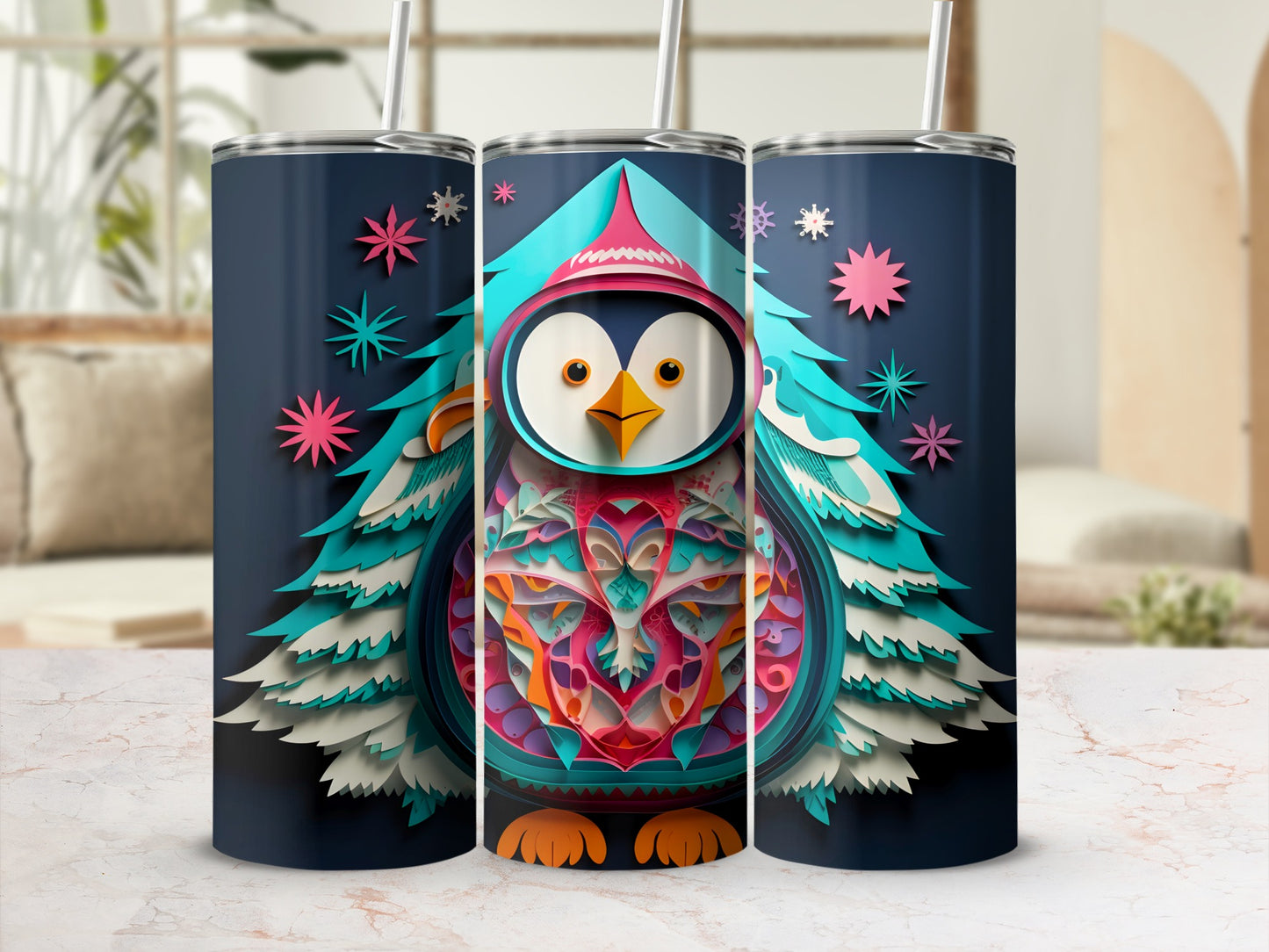 Three dark blue tumblers featuring a colorful, patterned penguin with a pink hat.