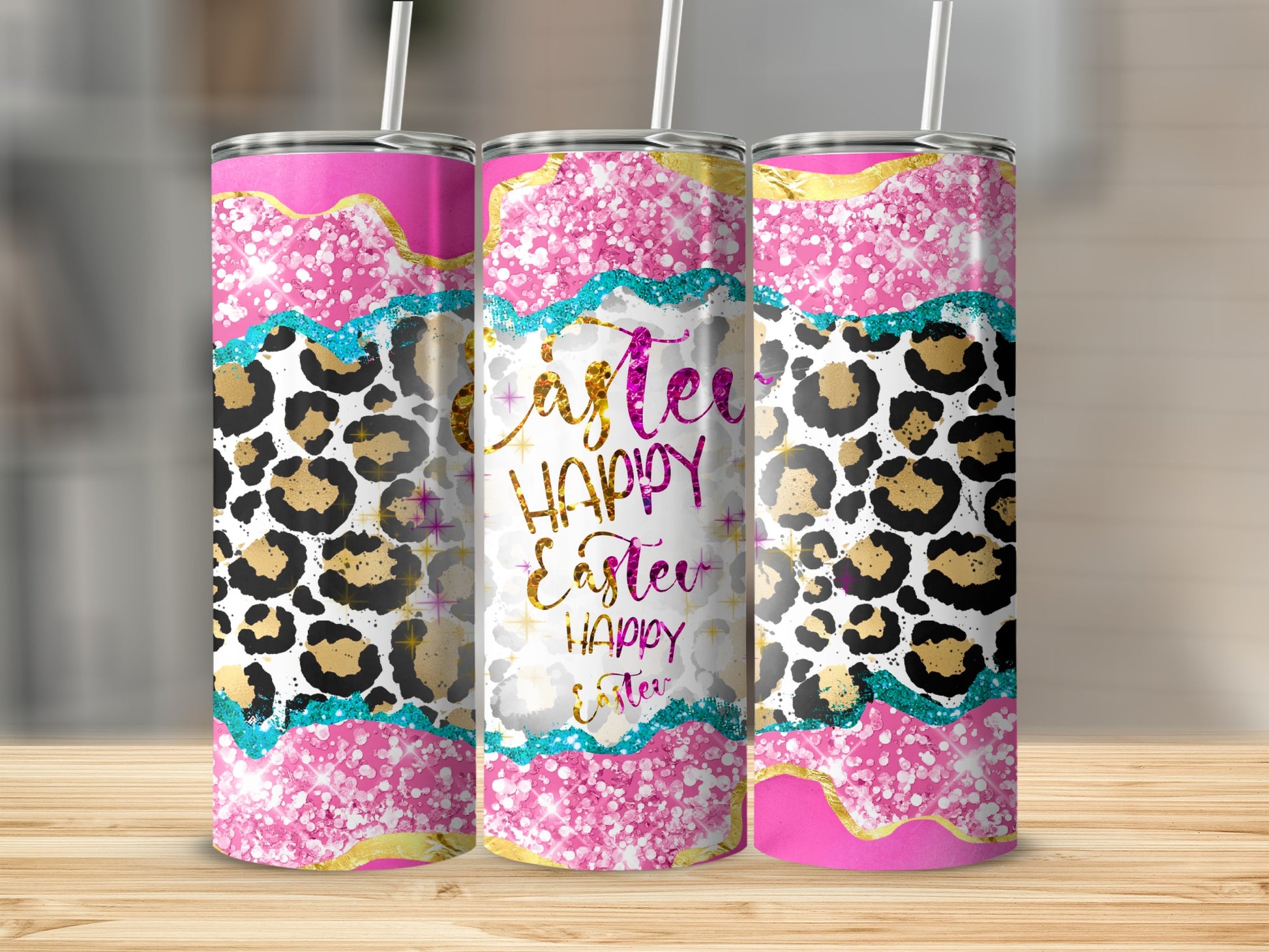Three pink tumblers with leopard print and glitter, reading "Happy Easter".