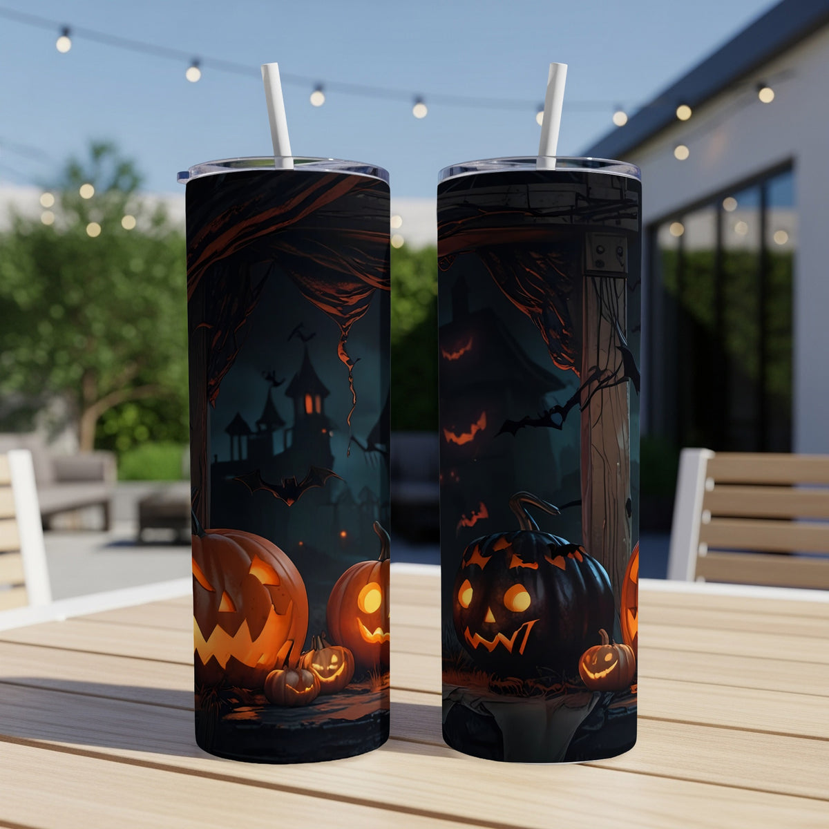 Two Halloween themed tumblers with jack-o'-lanterns and haunted castles.