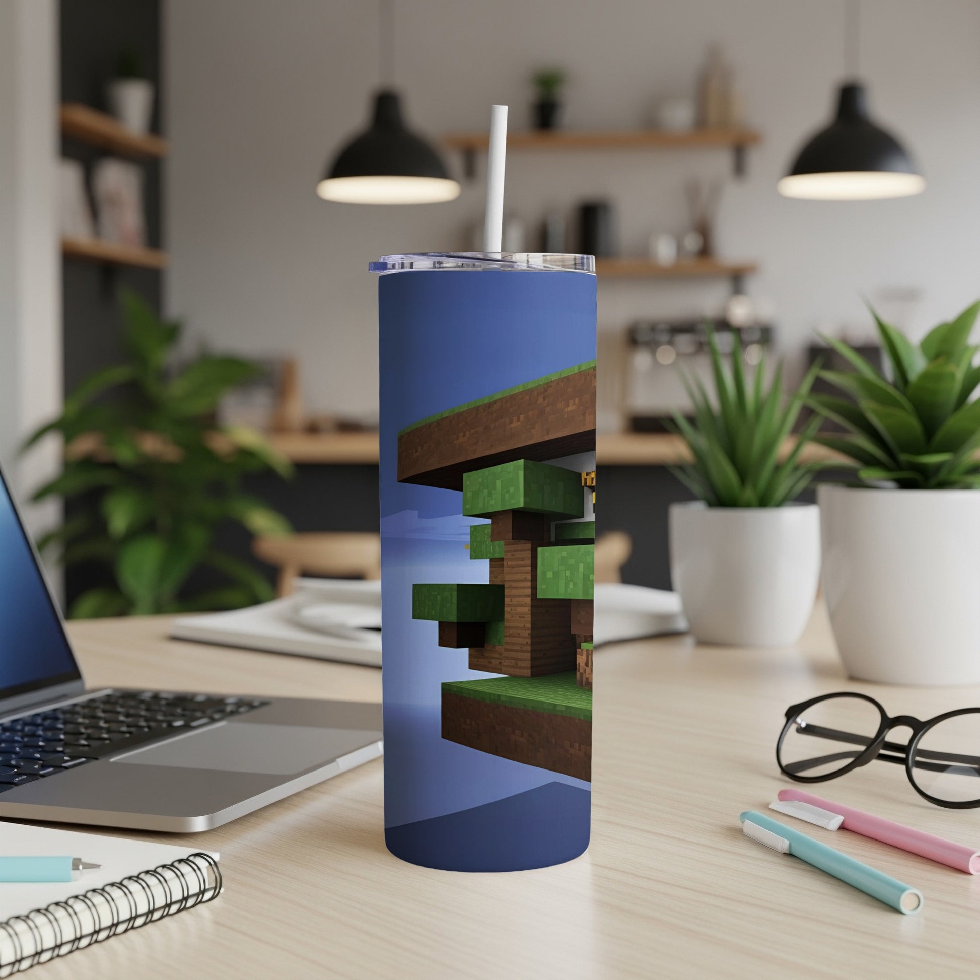 Tall, insulated tumbler with Minecraft-themed floating island design.