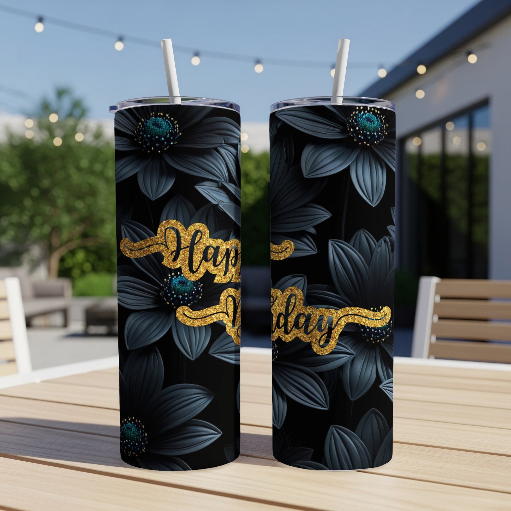 Two tumblers with black floral pattern and "Happy Birthday" text.