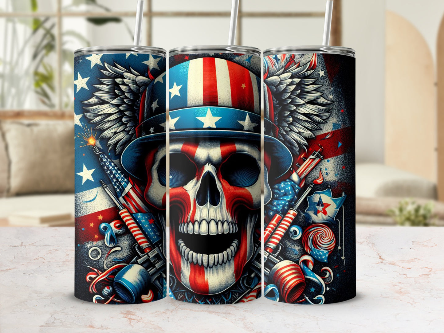 Patriotic skull with American flag hat and guns, on a tumbler.