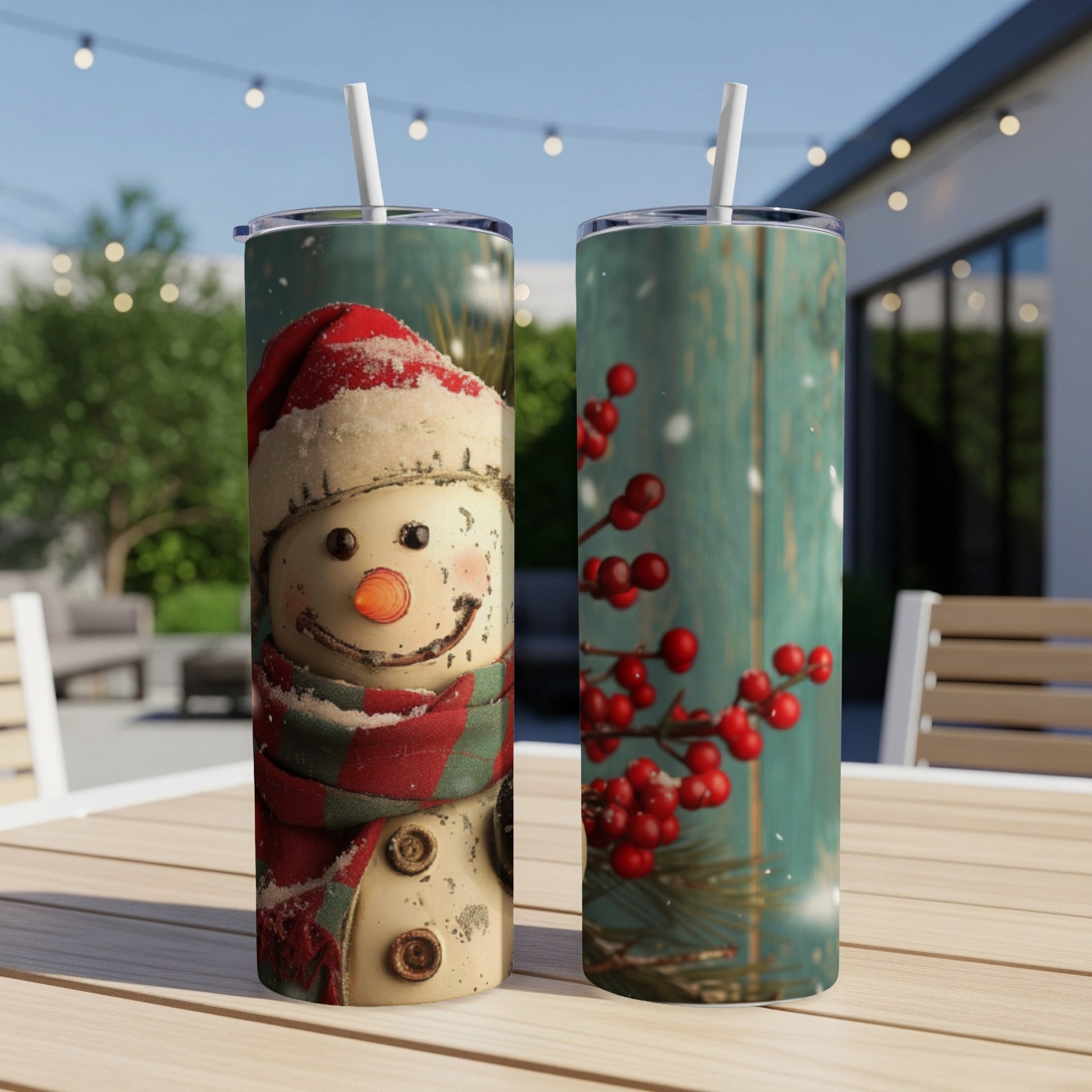 Two tumblers with snowman and berry designs sit on a wooden table.