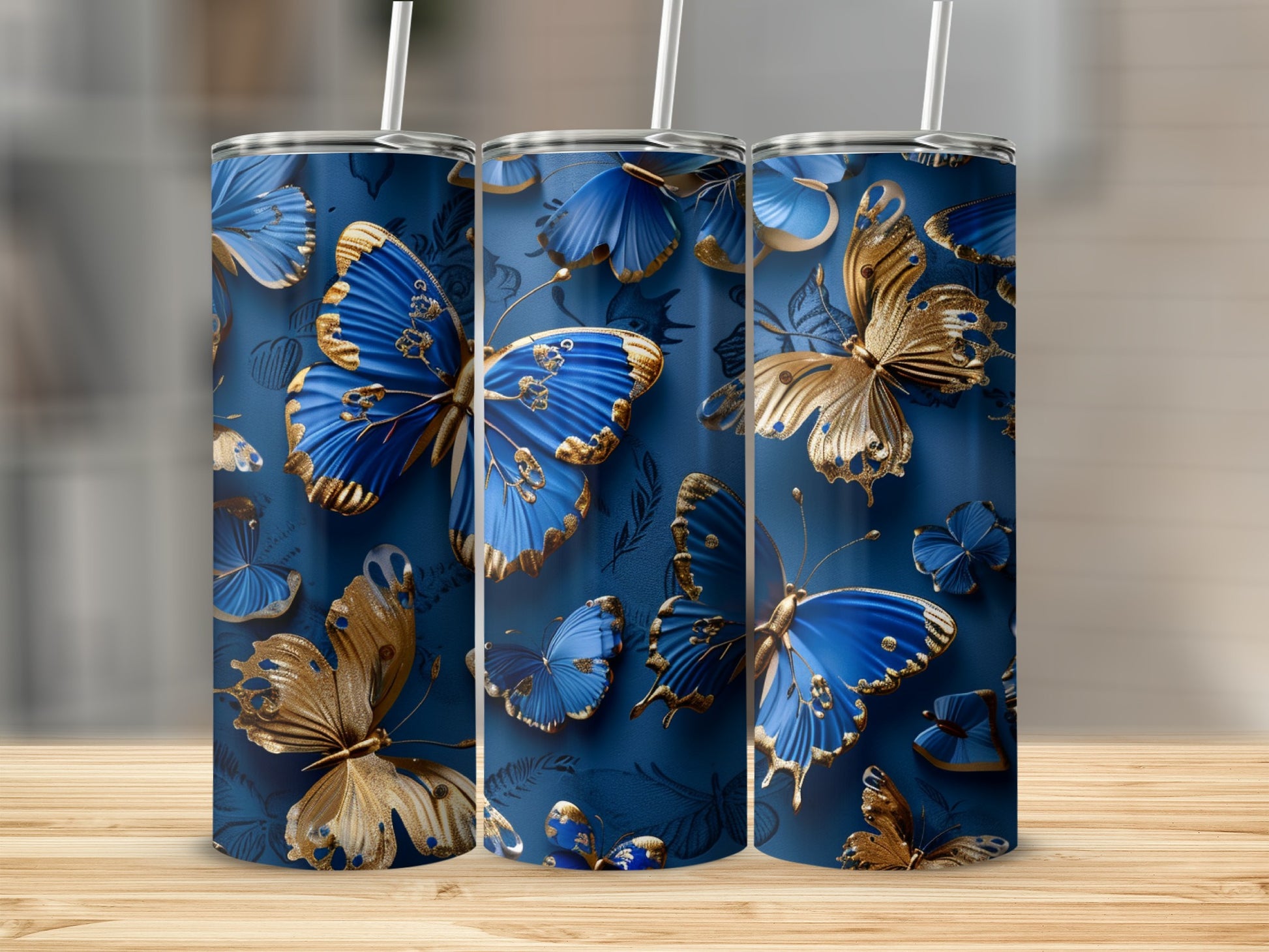 Blue and gold butterflies on a dark blue textured background.