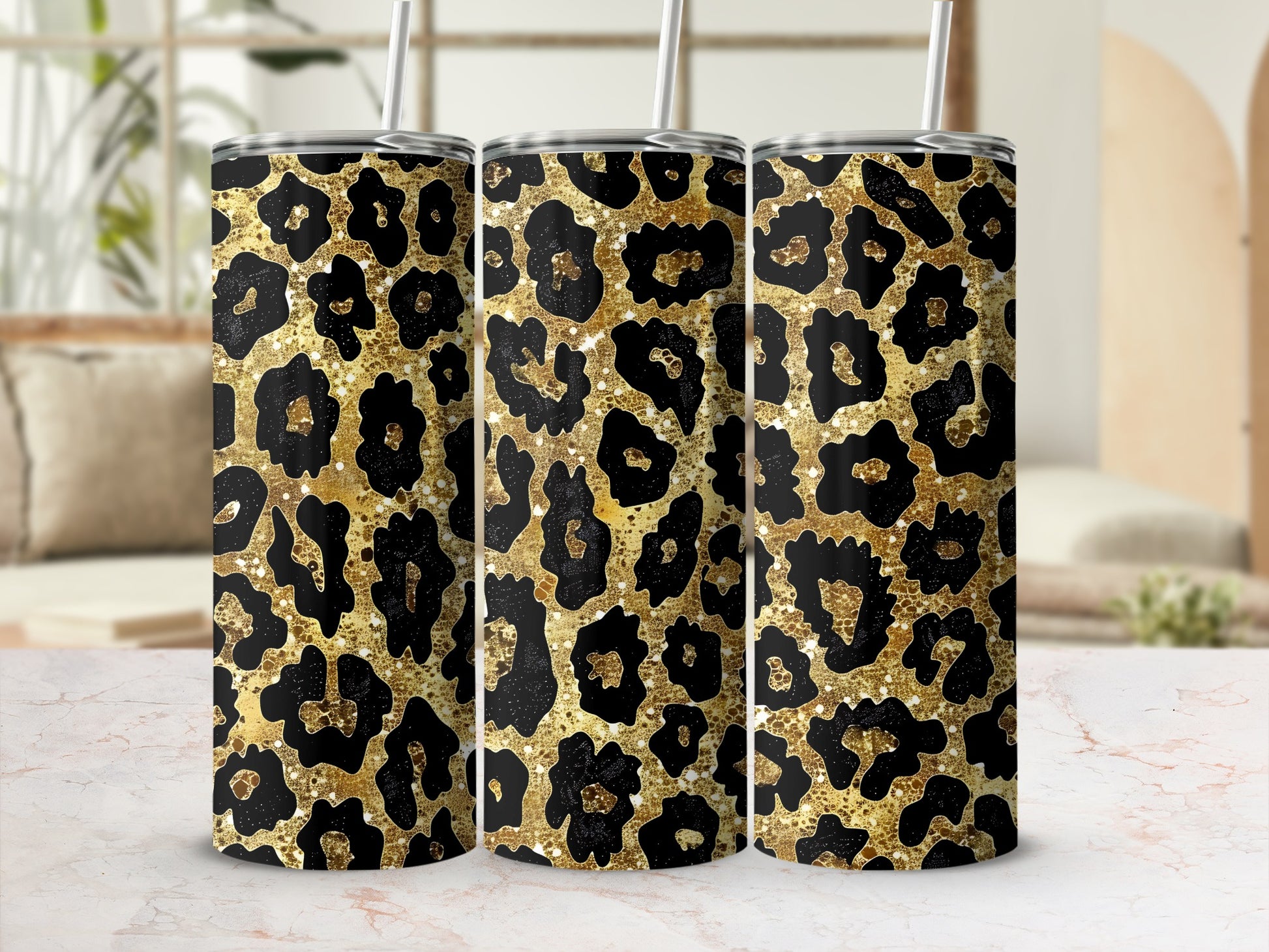 Leopard Print Gold Black Glitter Pattern Tumbler