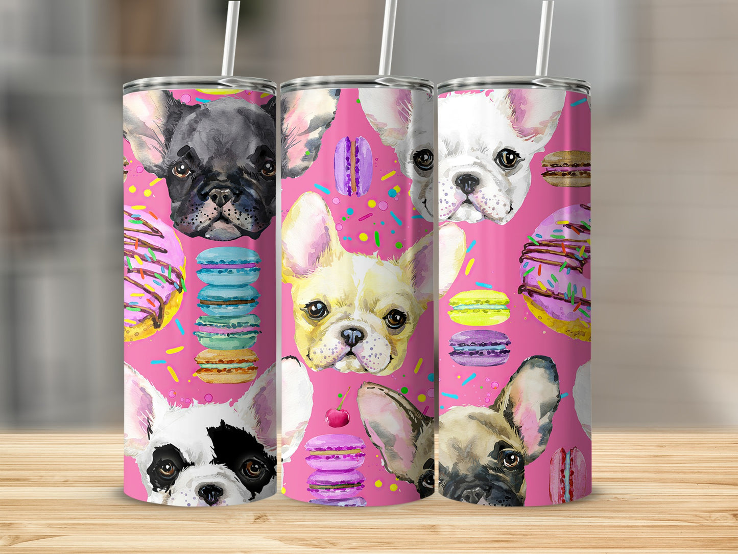 French Bulldogs Macarons Donuts Hot Pink Food Watercolors Tumblers