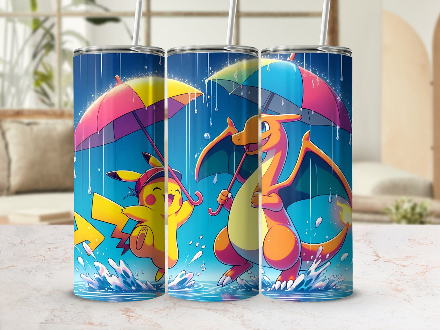 Colorful Pikachu and Charizard with Umbrella tumbler