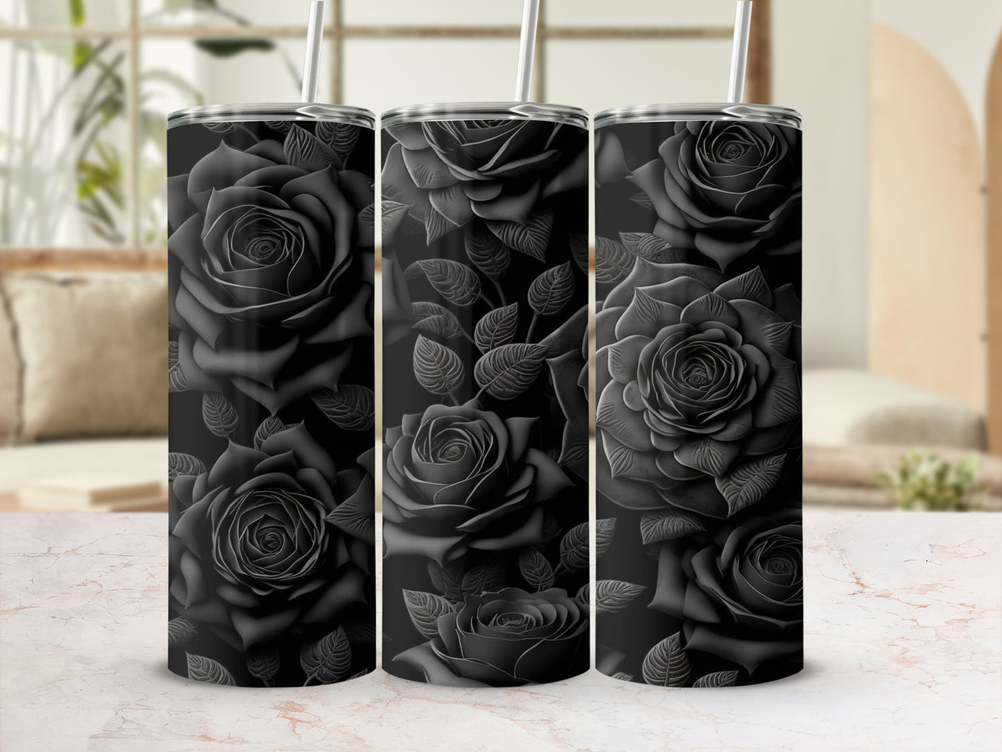 Elegant Black Rose Patterned Drink Tumbler Product