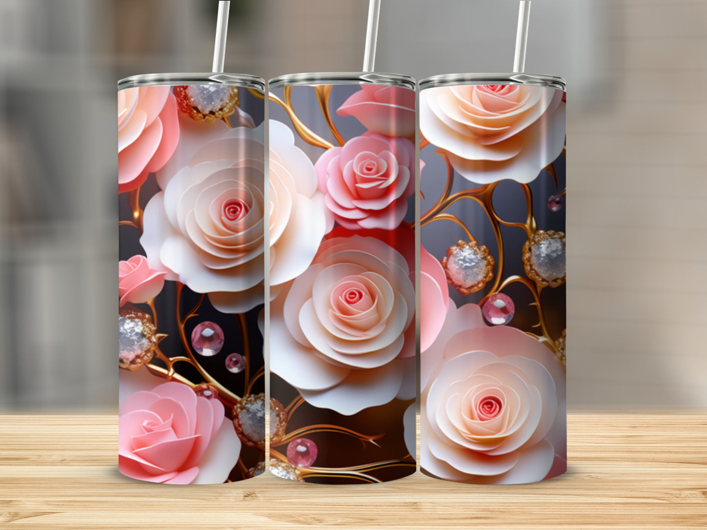 Three pink and white rose floral tumblers with gems and gold accents.