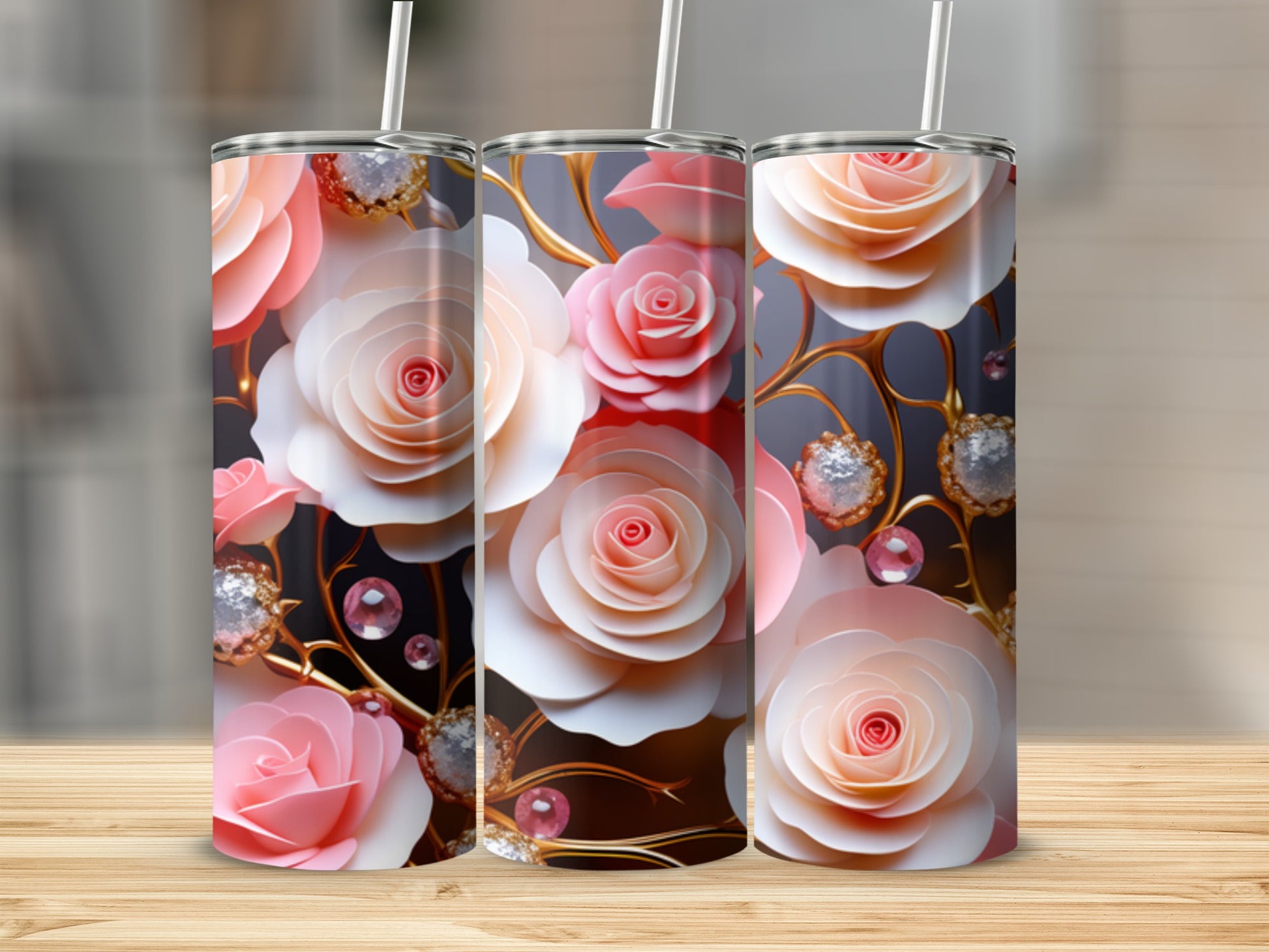 Three pink and white rose floral tumblers with gems and gold accents.